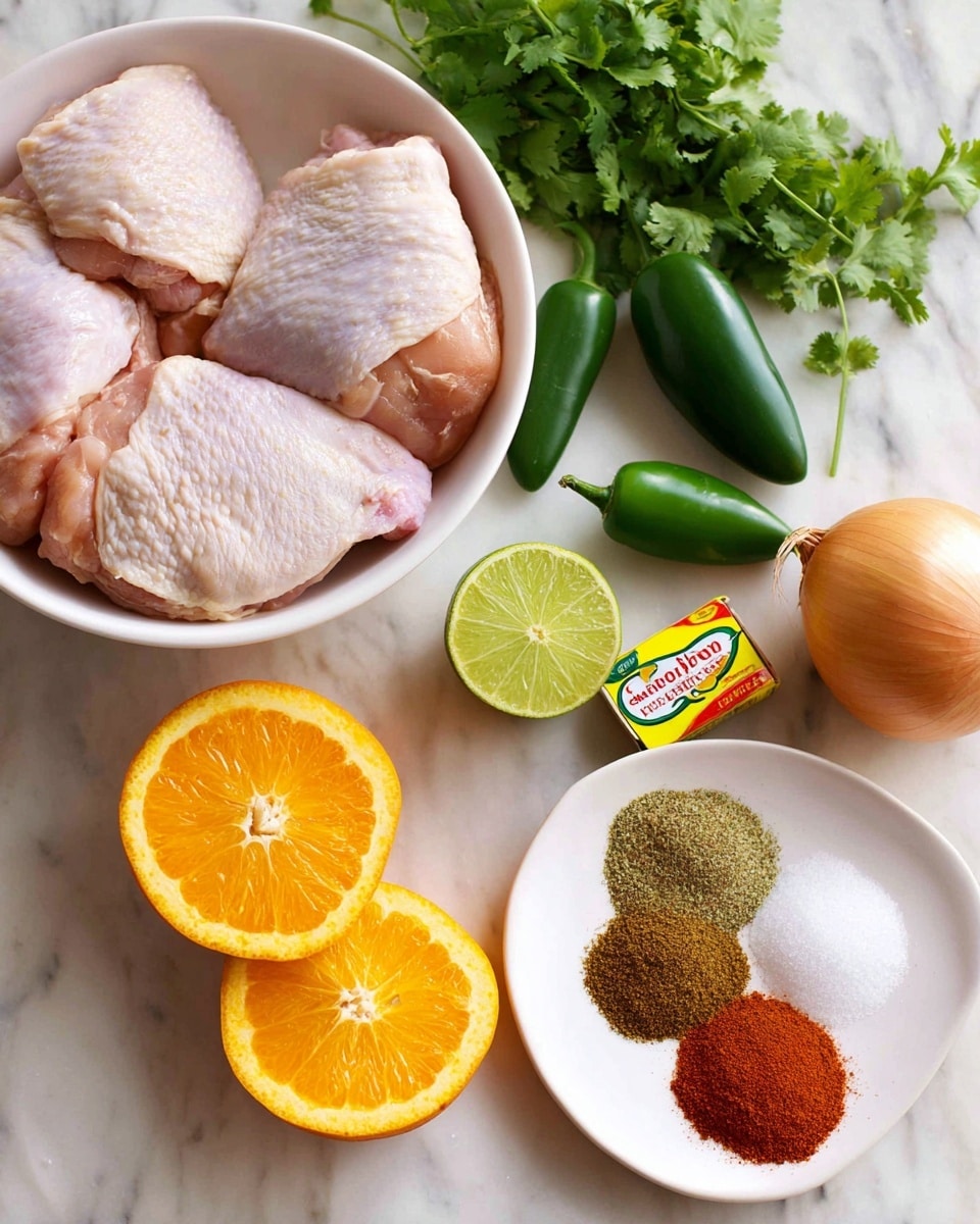 A white bowl filled with four pieces of raw chicken thighs is in the top left corner. Below the bowl are two halves of a bright orange, facing up, showing their juicy texture. Near the orange, there is a cut lime with a bright green color. To the right of the lime, a small yellow box of Achiote Annatto paste is shown. Above the box are two green jalapeño peppers lying next to a bunch of fresh cilantro with dark green leaves. To the right, there is a whole light brown onion. In the bottom right corner, a white plate holds four piles of spices: white salt in the top right, light brown cumin in the top left, darker brown coriander below the cumin, and reddish chili powder at the bottom right. All items are placed on a white marbled surface. photo taken with an iphone --ar 4:5 --v 7