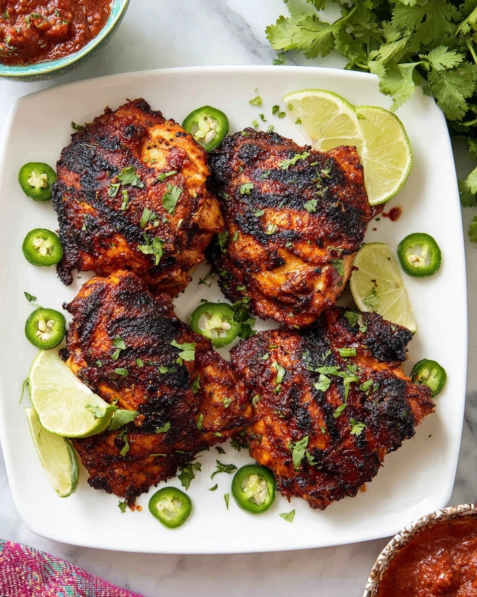 A white square plate holds four pieces of grilled chicken thighs with dark char marks and a rich reddish-brown coating of spices, lightly sprinkled with chopped bright green cilantro. Around the chicken, there are fresh slices of green jalapeño and bright green lime wedges and slices. The plate is set on a white marbled surface, with some fresh cilantro leaves visible in the top right and a bowl of chunky red salsa on the bottom right corner of the image. Photo taken with an iphone --ar 4:5 --v 7