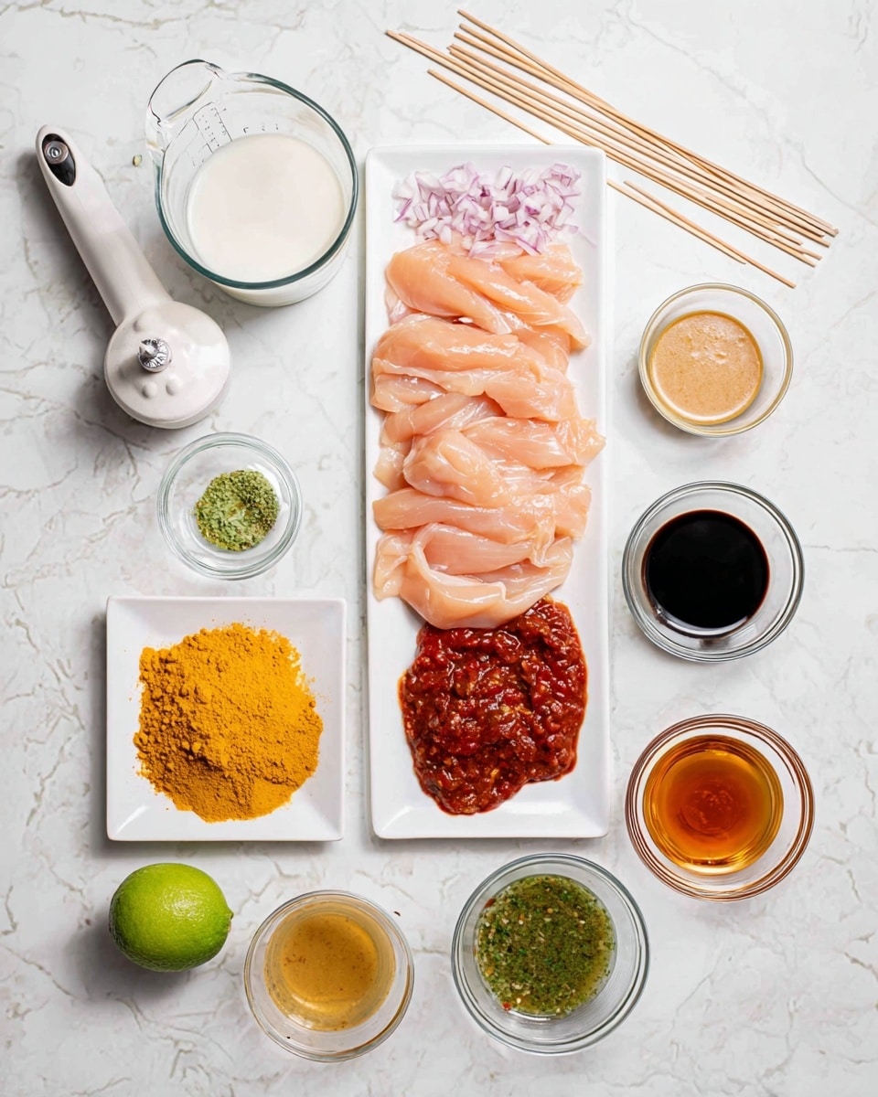 A top-down view of arranged raw food ingredients on a white marbled texture. In the middle bottom is a white rectangular plate with three separate piles: bright yellow turmeric powder on the left, finely chopped light red onions in the center, and thick dark red chili sauce with seeds on the right. Above it, centered, is a longer white plate holding multiple pale pink raw chicken strips with a smooth and moist texture. Above the chicken, a row of wooden skewers lies horizontally. Surrounding these plates are small clear glass bowls with various liquids and pastes: creamy light brown peanut sauce, shiny green crushed herbs, thick dark soy sauce, light yellow minced garlic, light amber honey, and a nearly full measuring cup of creamy white coconut milk in the top left. A white lime squeezer with a whole green lime is visible at the bottom left. Photo taken with an iphone --ar 4:5 --v 7