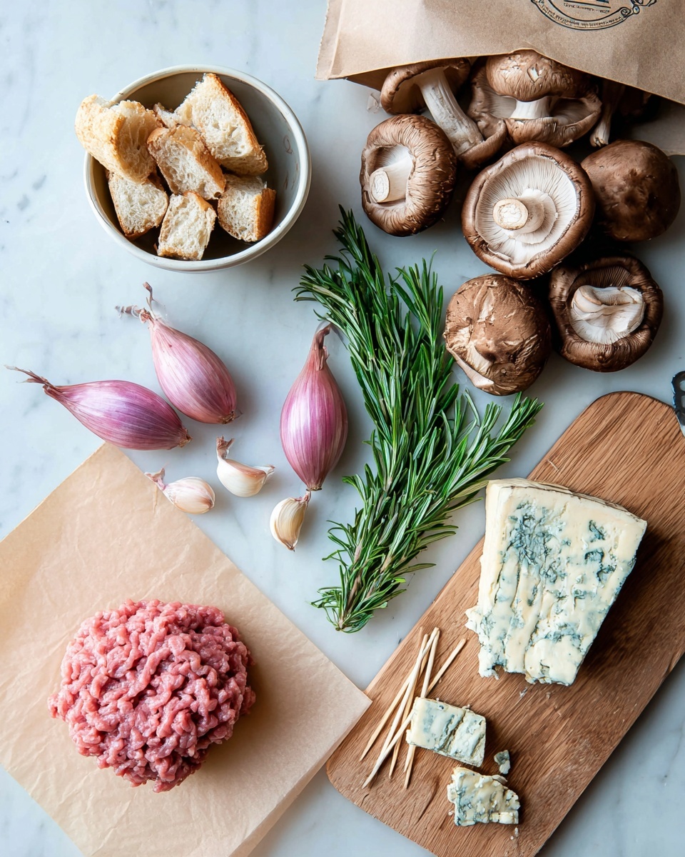 The image shows a group of fresh ingredients arranged on a white marbled surface. There is a small white bowl filled with torn bread pieces at the top left. Below it, three peeled shallots with purple skin and some garlic cloves with light purple skin are placed. To the right, a green rosemary sprig rests near a cluster of smooth, brown mushrooms, some spilling out of a brown paper bag. At the bottom left, a pink mound of ground meat lies on a piece of light beige paper. In the bottom right corner, a wooden board holds a block of blue cheese with a smaller piece broken off in front, displaying creamy white and blue-green veins. A few wooden skewers are placed near the rosemary and mushrooms. Photo taken with an iphone --ar 4:5 --v 7