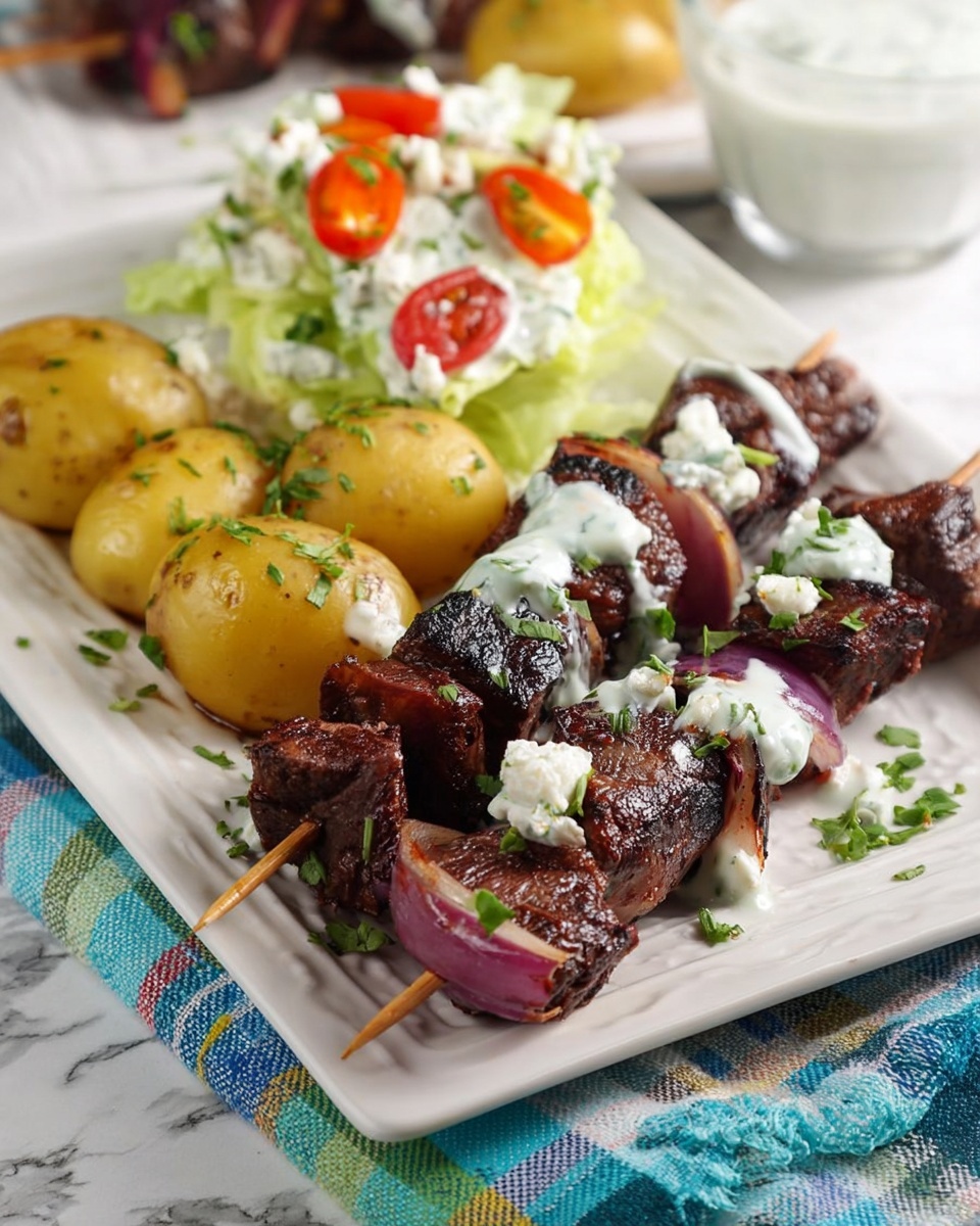 The dish shows two skewers with dark grilled meat chunks and pieces of red onion on a white rectangular plate. The skewers are topped with white sauce and small green herb leaves. Next to the skewers, there are several roasted small yellow potatoes with a shiny texture and sprinkled with green herbs. Behind the potatoes, there is a wedge of pale green lettuce dressed with white sauce and decorated with small round orange and red cherry tomatoes and green herbs. The plate sits on a soft blue, green, and white plaid cloth on a white marbled surface. Photo taken with an iphone --ar 4:5 --v 7