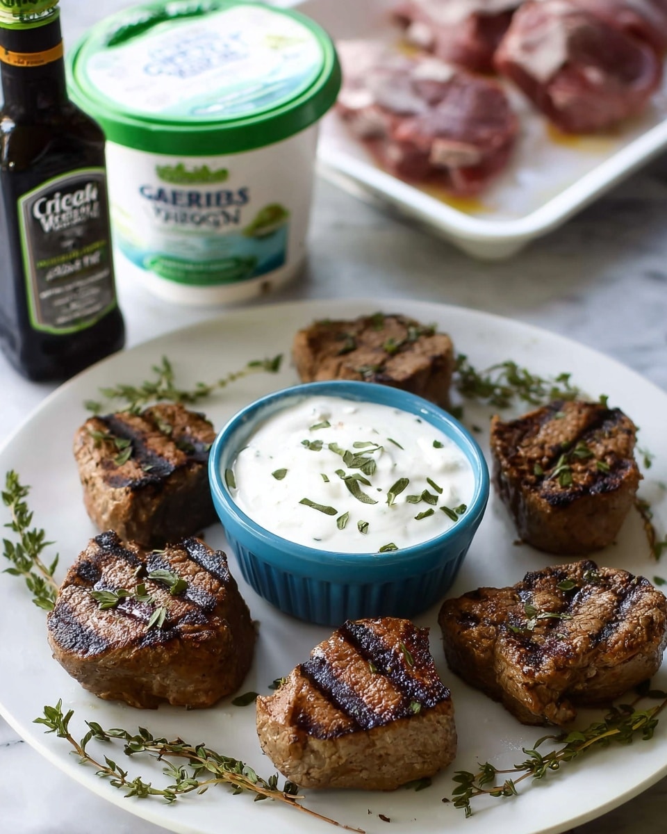 The image shows a white plate with five grilled meat pieces arranged around a small blue bowl of creamy white sauce topped with small green herbs. The grilled meat pieces are browned with visible dark grill marks in a cross pattern, and the meat’s surface looks slightly textured and juicy. Fresh green herb sprigs lay scattered on the white plate beneath the meat, adding a natural touch. In the background, there is a container of Greek strained nonfat yogurt with white packaging and a green label, a dark glass bottle of balsamic vinegar with a white and green label, and a white tray holding more raw meat. The whole scene is placed on a white marbled surface. Photo taken with an iphone --ar 4:5 --v 7
