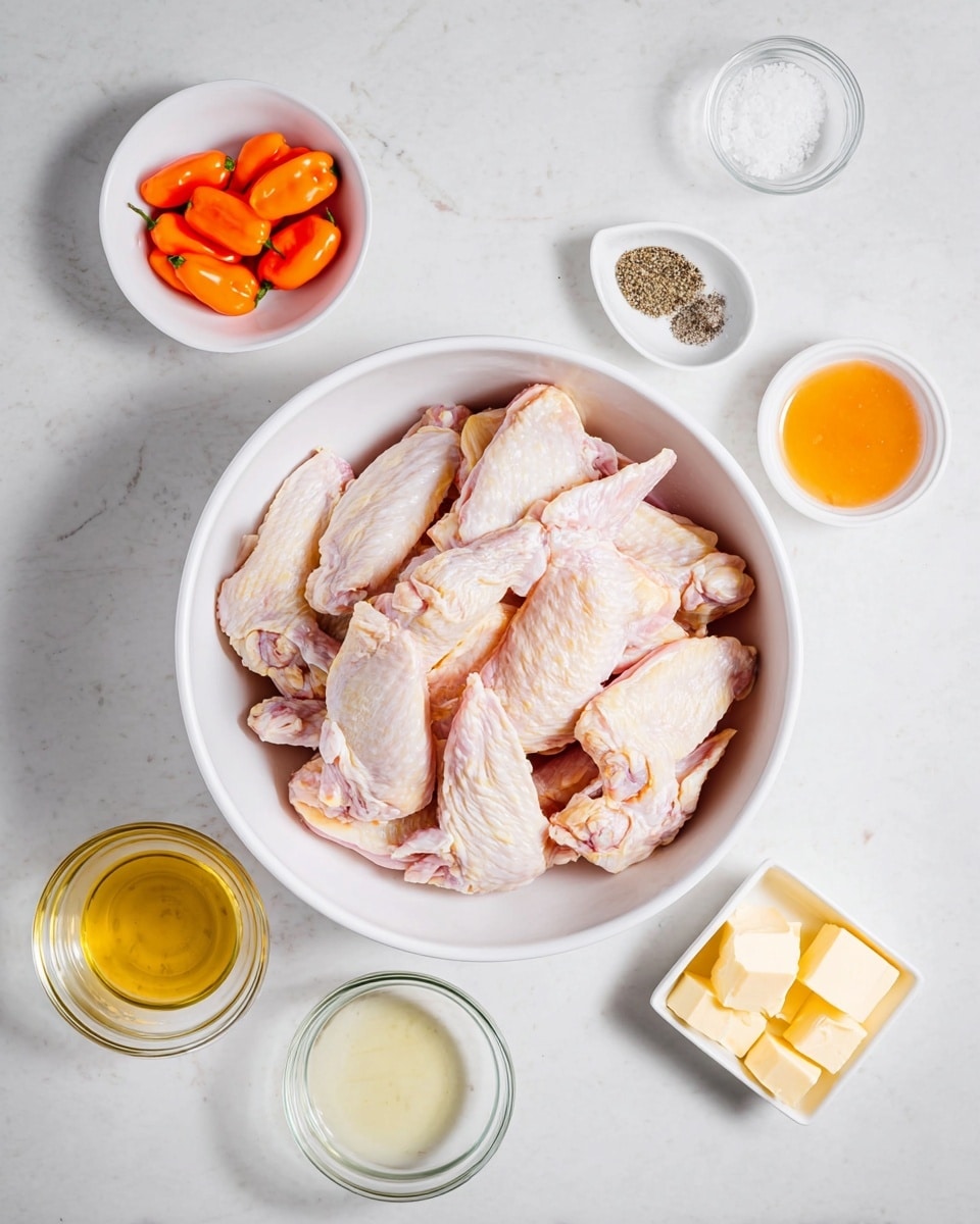 The image shows a large white bowl in the center filled with many raw chicken wings that are light pink and pale with skin texture visible. Around this main bowl are several small white dishes and clear glass bowls placed on a white marbled surface. To the upper left, a small white bowl contains four bright orange habanero peppers. Above the chicken wings, a white bowl holds salt and black pepper powders side by side. To the top right, there is a small glass bowl with a light yellow oil, and next to it, a square glass dish holds an orange sauce. At the bottom right, a small white dish contains chunks of pale yellow butter. Below the chicken bowl, there is a small glass container with a light yellow liquid, and another small glass bowl filled with golden oil is nearby. photo taken with an iphone --ar 4:5 --v 7