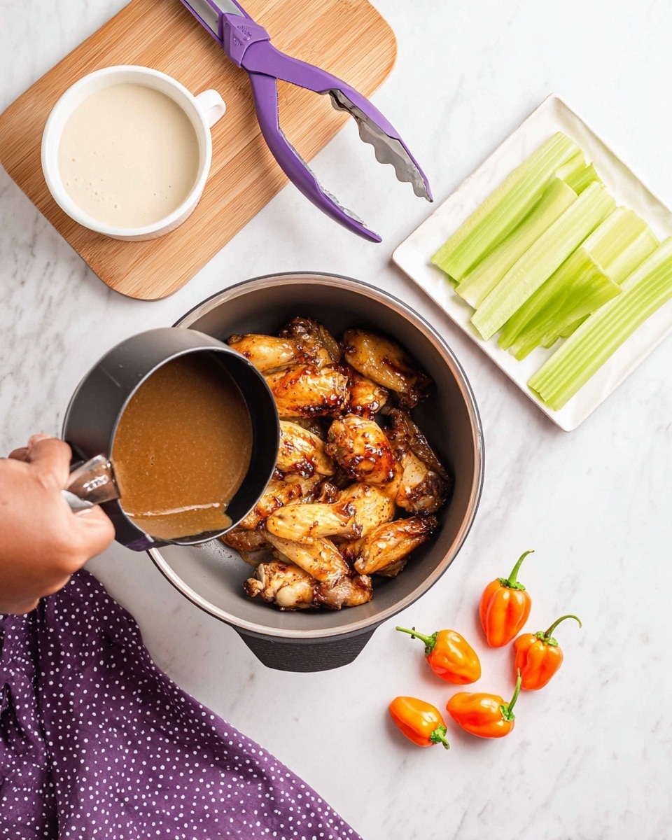 A silver bowl filled with golden brown cooked chicken wings sits on a white marbled surface. A woman's hand is pouring a shiny brown sauce from a black saucepan into the bowl. To the top left, there is a white ramekin filled with a creamy white dipping sauce on a wooden board, along with purple-handled tongs resting nearby. On the right side, a square white plate holds several light green celery sticks neatly arranged. Three small bright orange habanero peppers lay next to the bowl on the white marbled surface. A purple cloth with white dots is partially visible near the woman's hand. photo taken with an iphone --ar 4:5 --v 7