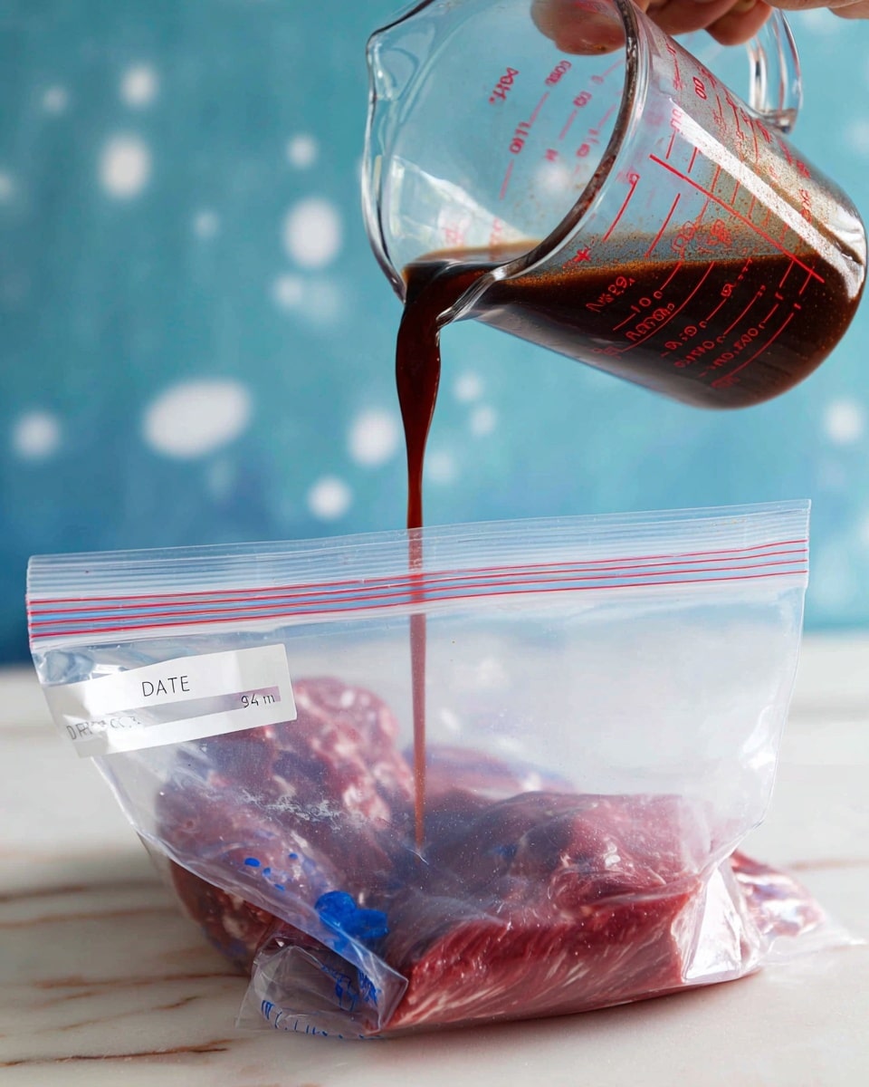 A close-up of a clear plastic bag with raw red meat inside, placed on a white marbled surface. A woman's hand is pouring a dark brown liquid marinade from a clear glass measuring cup into the bag. The measuring cup shows red measurement markings and the red liquid flows in a smooth stream. The bag has a white label with