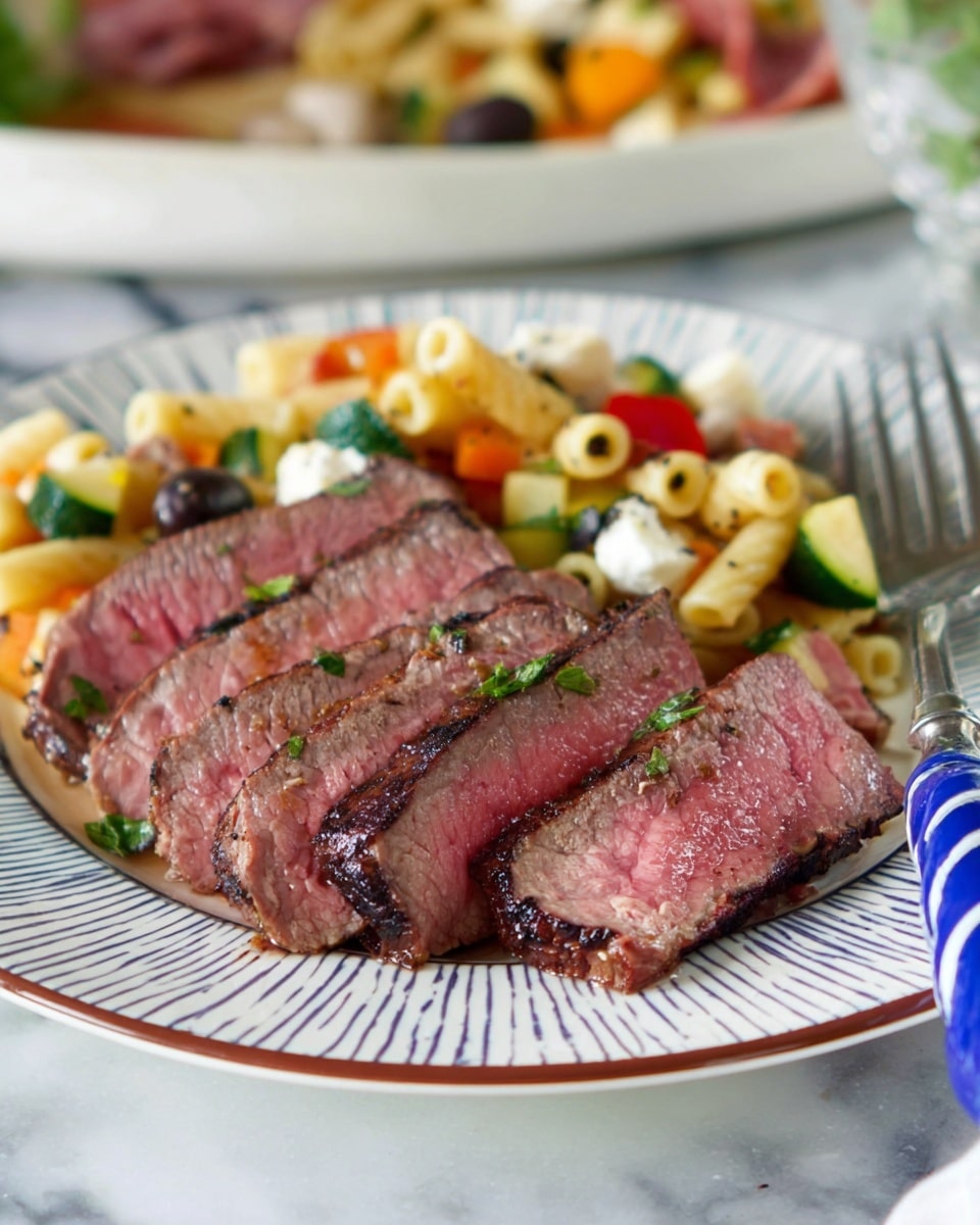 The dish shows three slices of medium-rare steak placed at the front on a white plate with blue and brown lines. The steak is pink inside with a browned edge and small green herb pieces sprinkled on top. Behind the steak, there is a colorful pasta salad with small tube-shaped pasta, chunks of green zucchini, orange pepper pieces, black olives, white cheese balls, and bits of salami all mixed together. A fork with a blue and white striped handle rests on the edge of the plate. The plate sits on a white marbled surface with blurred food in the background. Photo taken with an iphone --ar 4:5 --v 7