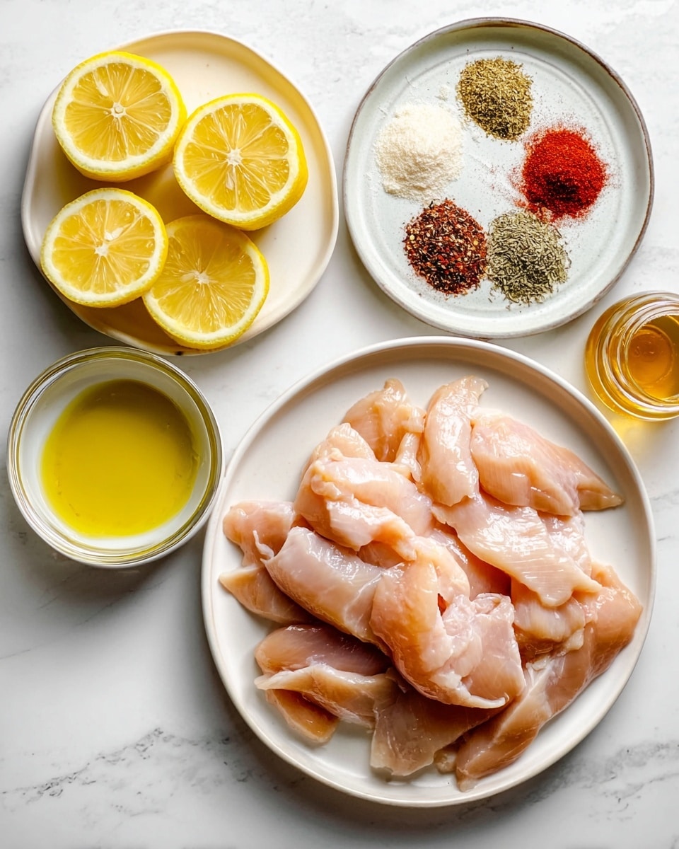A white plate filled with several raw, pale pink chicken slices arranged loosely with smooth, moist textures visible. To the left, a smaller white plate holds four lemon halves and quarters, showing bright yellow flesh and shiny textured peel. Above this is another white plate with small piles of colorful spices in red, beige, white, black, and green shades, each distinct and finely ground or small leaf-like herbs. Next to the spice plate is a small white bowl with a pool of yellow olive oil. A small glass jar with honey or syrup sits near the lemons on a white marbled surface. photo taken with an iphone --ar 4:5 --v 7