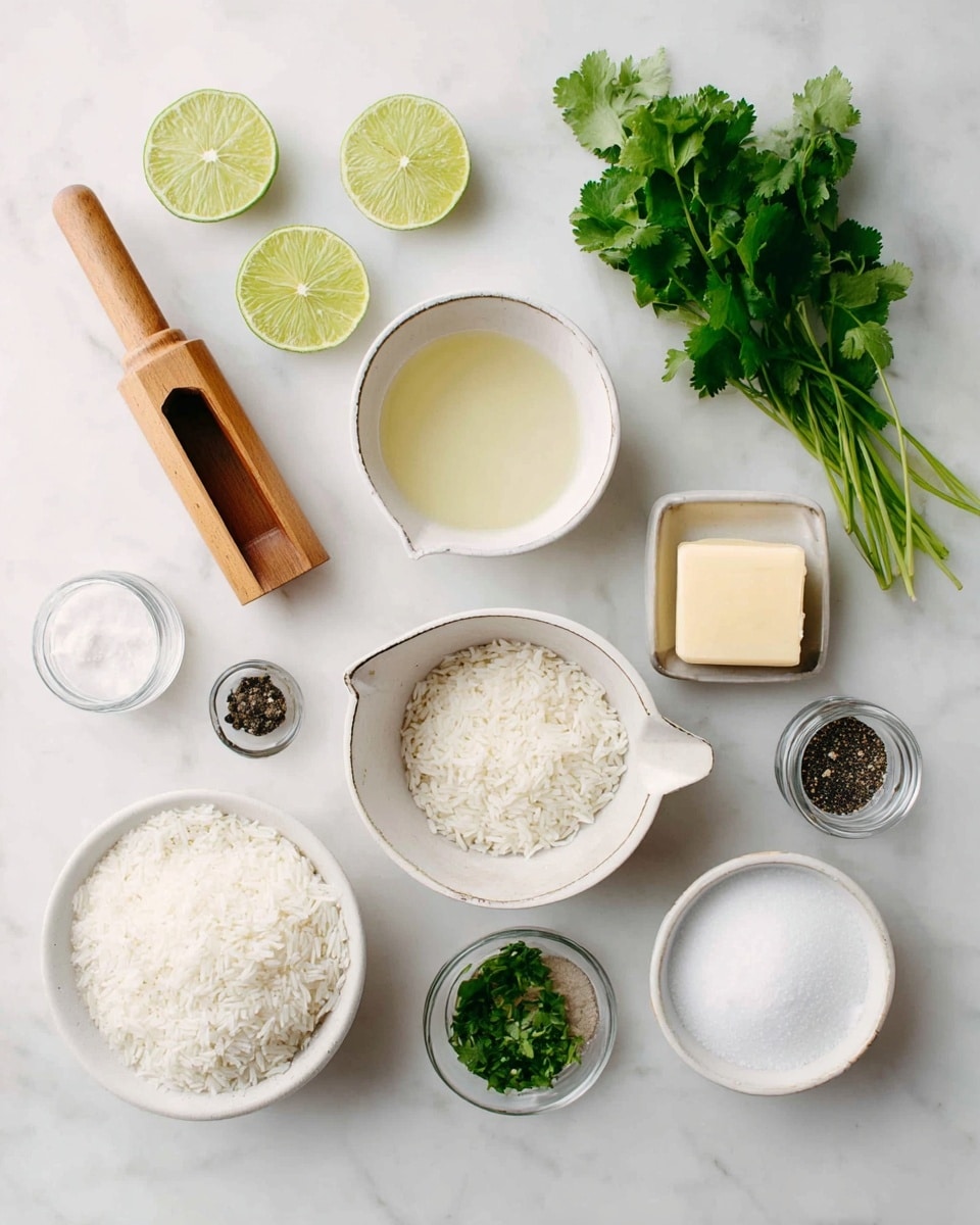 A white marbled surface holds several small white dishes and ingredients arranged neatly: a wooden citrus juicer beside two squeezed lime halves on the left top; a small white bowl with pale yellow liquid above a measuring cup filled with white rice with a wooden handle in the center; a small square dish with a light yellow cube of butter near the top right; a bunch of fresh green cilantro on the right center; a white dish with minced garlic near the top right; a transparent jar of black pepper and an empty small jar below it on the left; a small white dish with green lime zest in the lower center; and a large bowl filled with white granulated sugar on the right bottom. Photo taken with an iphone --ar 4:5 --v 7