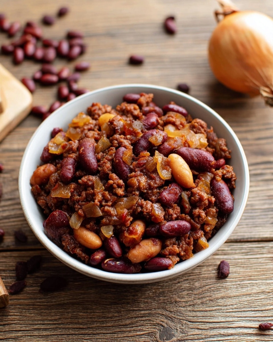 A white bowl filled with a hearty mix of cooked beans and ground meat, showing layers of dark red kidney beans, light brown beans, and small pieces of browned meat all blended together with a slightly oily, rich texture. The dish sits on a wooden surface with some scattered beans, and an onion is partially visible beside the bowl, giving a rustic feel. Photo taken with an iphone --ar 4:5 --v 7