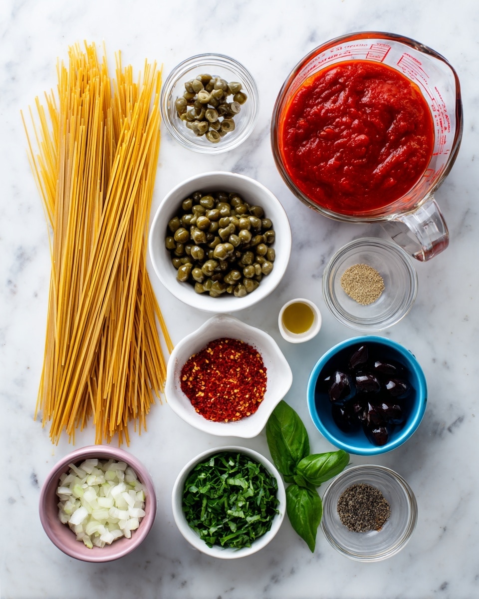 The image shows raw ingredients for a pasta dish arranged on a white marbled surface. At the top right, there is a clear measuring cup filled with thick red tomato sauce. To the left of the sauce is a small white bowl with green capers on top. Below the bowl and slightly to the left are long uncooked spaghetti noodles spread out in a horizontal bunch. Below the noodles and capers is a small glass bowl with red chili flakes. Next to it is a white bowl with chopped fresh green basil leaves. Below that is a small pink bowl filled with finely chopped white onions. To the left of that is a white bowl with sliced black olives. Above the olives is a blue bowl holding anchovy fillets. Surrounding these are five tiny glass bowls with minced garlic, salt, black pepper, white vinegar, and olive oil. The setup is clean and bright, with all ingredients ready for cooking. photo taken with an iphone --ar 4:5 --v 7