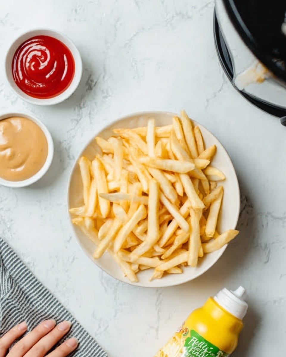 A white bowl filled with plain pale yellow French fries sits on a white marbled surface. To the top left of the bowl, there is a small white bowl filled with bright red ketchup and another small white bowl filled with light brown sauce. To the right of the bowl of fries, there is a yellow mustard bottle lying on the white marbled surface. A woman's hand is seen reaching from the bottom left corner of the image toward the bowl. The scene is well lit and has a clean, simple look. photo taken with an iphone --ar 4:5 --v 7