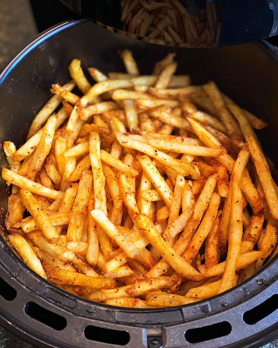 A round black air fryer basket filled with one layer of golden brown French fries. The fries are thin and crispy with some dark seasoning flakes visible on their surface. The basket has vertical slits and is surrounded by glossy black air fryer walls. The background and surface are not visible as the focus is on the fries inside the appliance. photo taken with an iphone --ar 4:5 --v 7