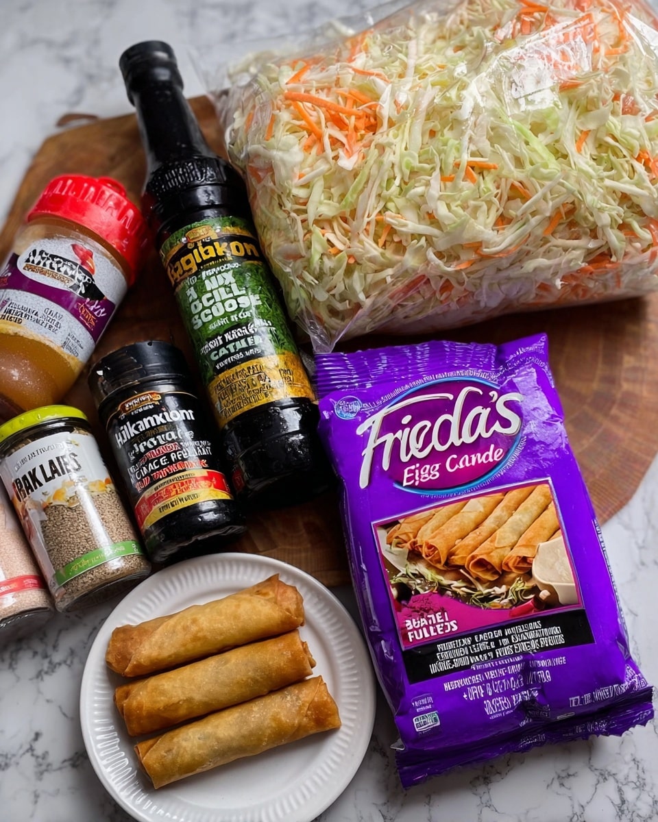 The image shows ingredients for making eggrolls arranged on a white marbled surface. There is a bag of coleslaw shredded cabbage and carrots in the center back, with thin white and orange strands visible through the clear bag. In front of the coleslaw is a purple package of frieda’s eggroll wrappers featuring a picture of cooked golden-brown eggrolls on a white plate. To the left of the eggroll wrappers, there is a bottle of Kikkoman less sodium soy sauce, a bottle of Palermo rainbow peppercorns, and a small white container of ground ginger. To the right side, there is a black bottle of Himalayan pink salt and a small black-and-white container of garlic powder. A woman’s hand is lightly touching the coleslaw bag on the top left side. The scene is lit naturally and all items are sharply focused. photo taken with an iphone --ar 4:5 --v 7