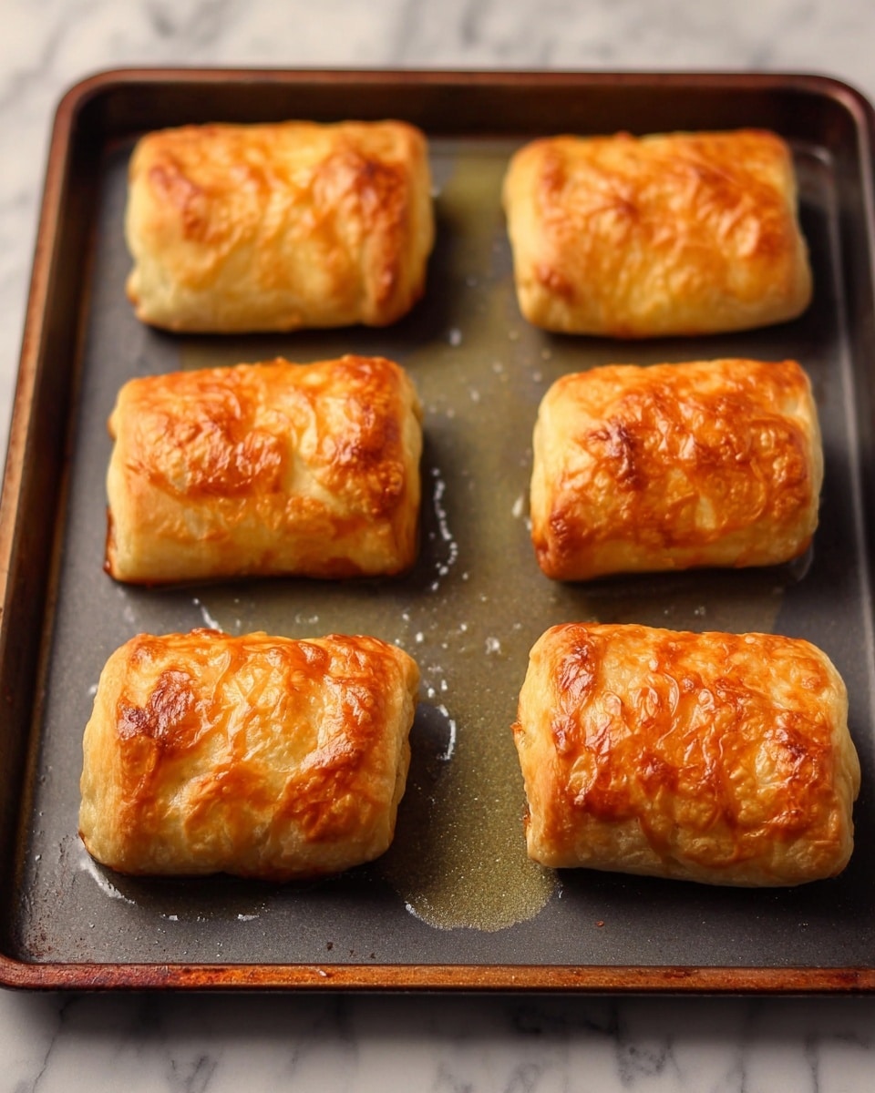 Seven small, golden brown rolls are arranged on a dark baking tray with a slight sheen of oil visible around them. Each roll is rectangular, tightly wrapped with a crispy, bubbly, and lightly browned outer layer. The rolls have a slightly shiny texture, showing they have been cooked until crisp. The baking tray rests on a white marbled surface. photo taken with an iphone --ar 4:5 --v 7