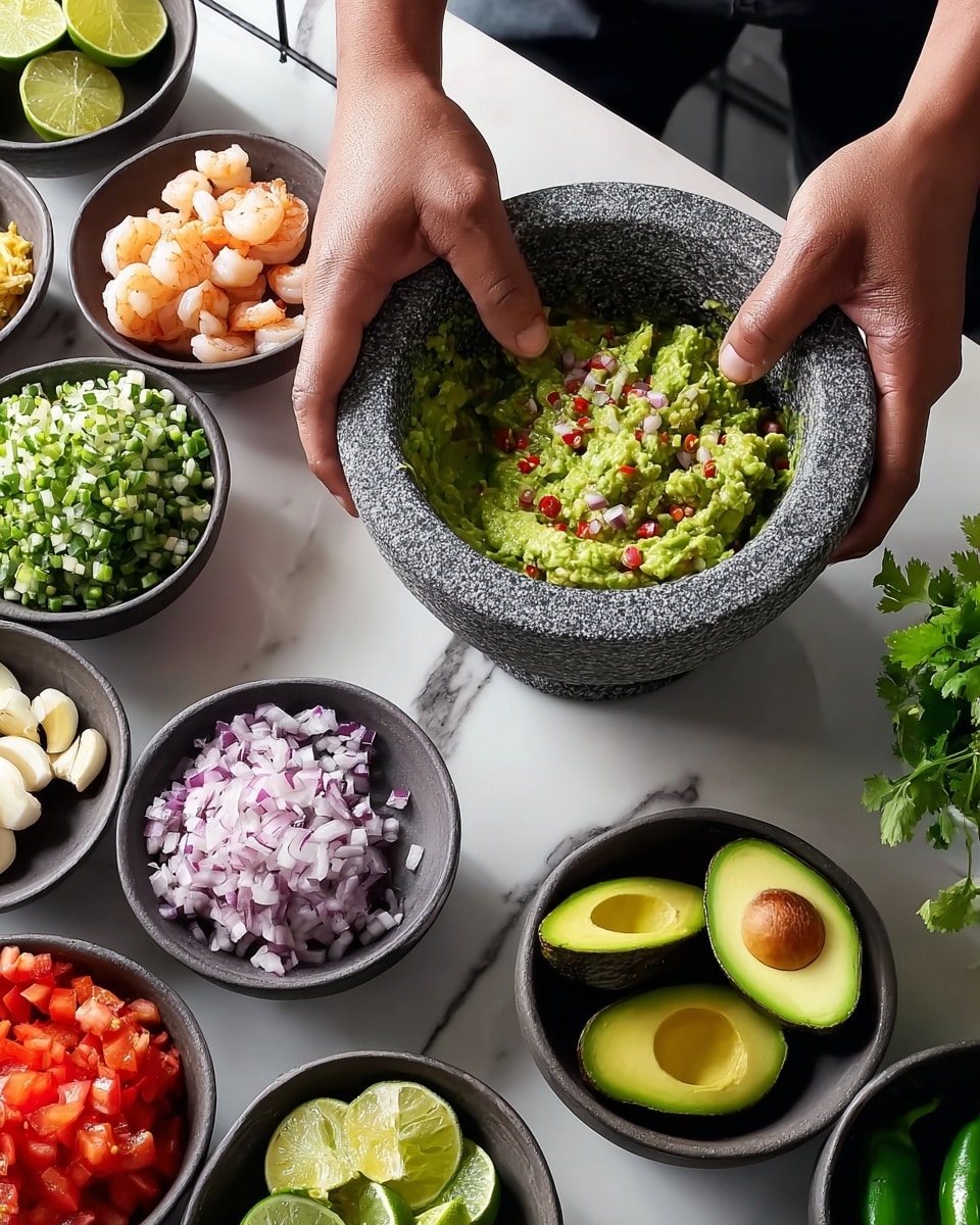 A textured gray stone mortar is centered, filled with mashed green avocado mixed with small red and white diced bits, held by a pair of hands pressing with a pestle. Below it is a matching bowl filled with smooth halved and whole avocados, vibrant green with creamy yellow centers. Around the main bowls are smaller stone bowls with layers of finely chopped ingredients: deep red tomatoes in the front left, bright green peppers on the far left, crisp light pink onions next, fresh green cilantro leaves above, shrimp mixed with white and pink bits, and whole peeled garlic cloves topped with halved limes on the far left. Everything is placed on a white marbled surface photo taken with an iphone --ar 4:5 --v 7