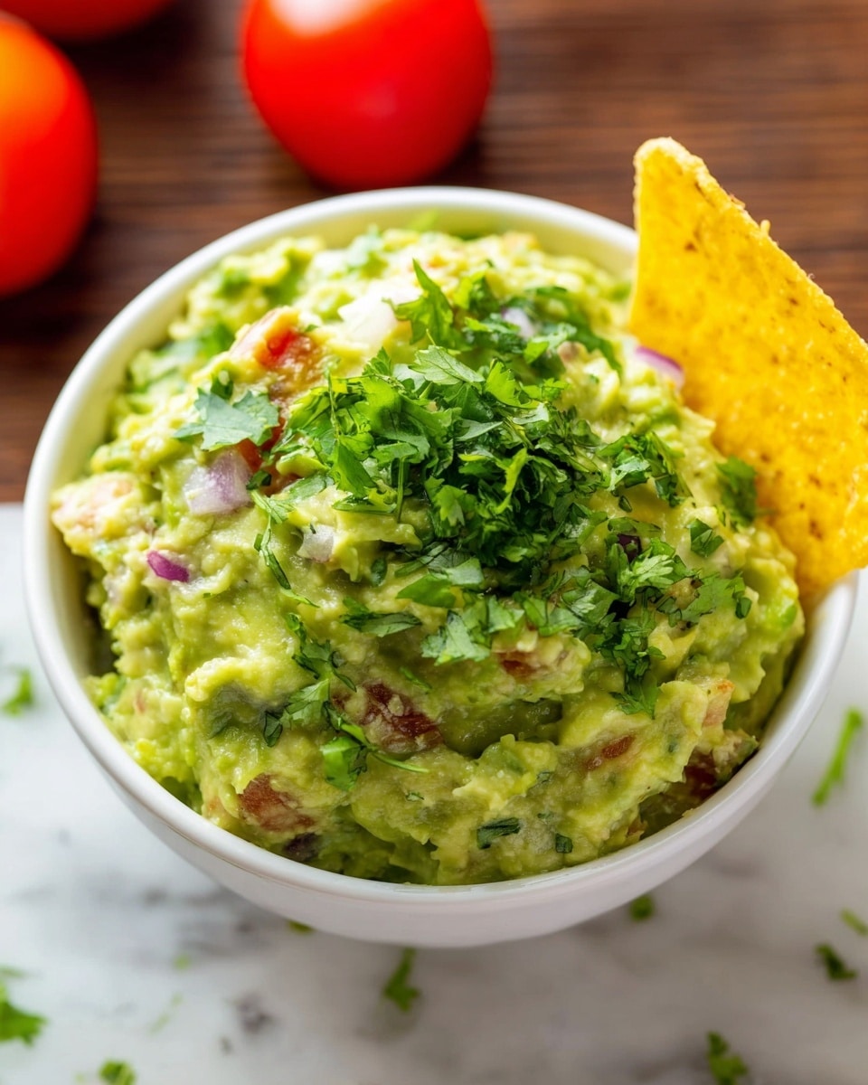 A white bowl filled with chunky, light green guacamole mixed with small pieces of red onion and tomato, topped with fresh, chopped bright green cilantro leaves scattered over the surface. A single yellow corn chip is partially dipped into the guacamole on the right side of the bowl. The bowl is placed on a white marbled surface with some red tomatoes blurred in the background. photo taken with an iphone --ar 4:5 --v 7