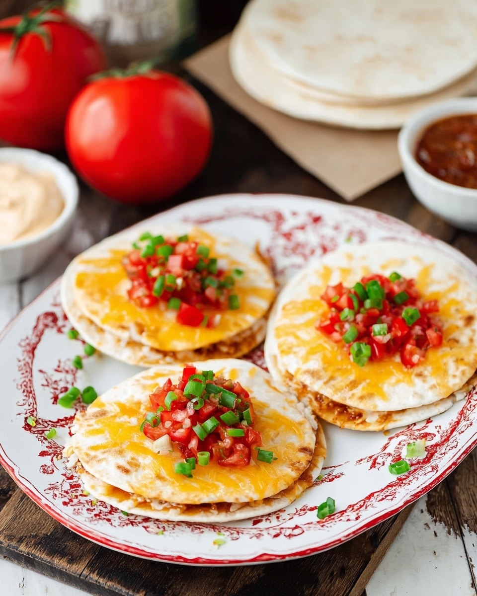 Three mini quesadillas sit on a white platter with red and gold patterns. Each quesadilla has two soft, lightly toasted white tortilla layers with melted golden-yellow cheese in between and on top. On the top center of each quesadilla, there is a small heap of bright red diced tomatoes and chopped green onions. The platter is on a dark wooden table with two whole red tomatoes to the left and a stack of plain white tortillas behind it. In the background, there are white bowls with creamy and red sauces. The surface under everything is a white marbled texture. Photo taken with an iphone --ar 4:5 --v 7