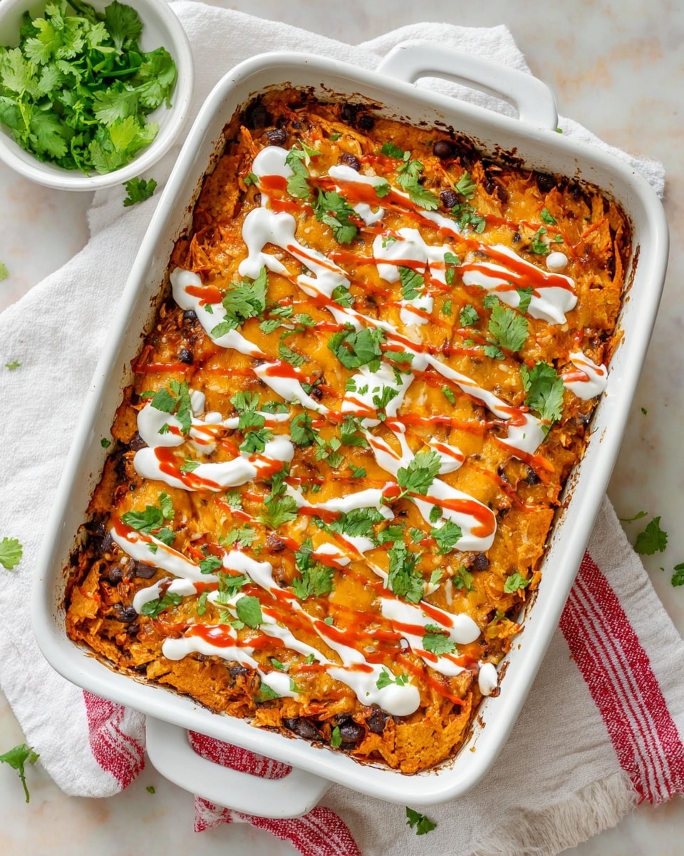 The dish is a baked casserole in a white rectangular baking dish with slightly browned edges. It has several layers visible from the top: a base layer of cooked shredded chicken mixed with dark black beans and melted orange cheese that covers the whole surface with a slightly rough texture. Over the top, there are drizzles of white sour cream and light red hot sauce in a zigzag pattern. Fresh green cilantro leaves are scattered on top as garnish, adding bursts of color. The dish sits on a white marbled surface with a white cloth underneath showing red stripes and a small white bowl of fresh cilantro nearby. Photo taken with an iphone --ar 4:5 --v 7