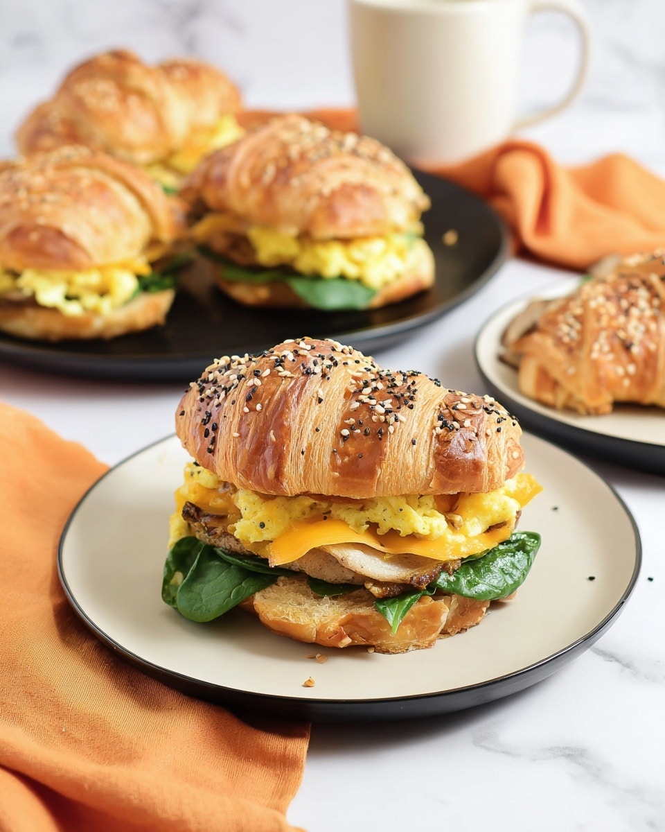 A croissant sandwich placed on a white plate with layers starting from a dark green spinach leaf at the bottom, followed by fluffy yellow scrambled eggs, a slice of light brown cooked meat, melted orange cheese, and topped with a golden brown croissant sprinkled with black and white seeds. In the background, three more croissant sandwiches are placed on a white plate, partially out of focus, along with a white cup and an orange cloth napkin, all sitting on a white marbled textured surface. Photo taken with an iphone --ar 4:5 --v 7