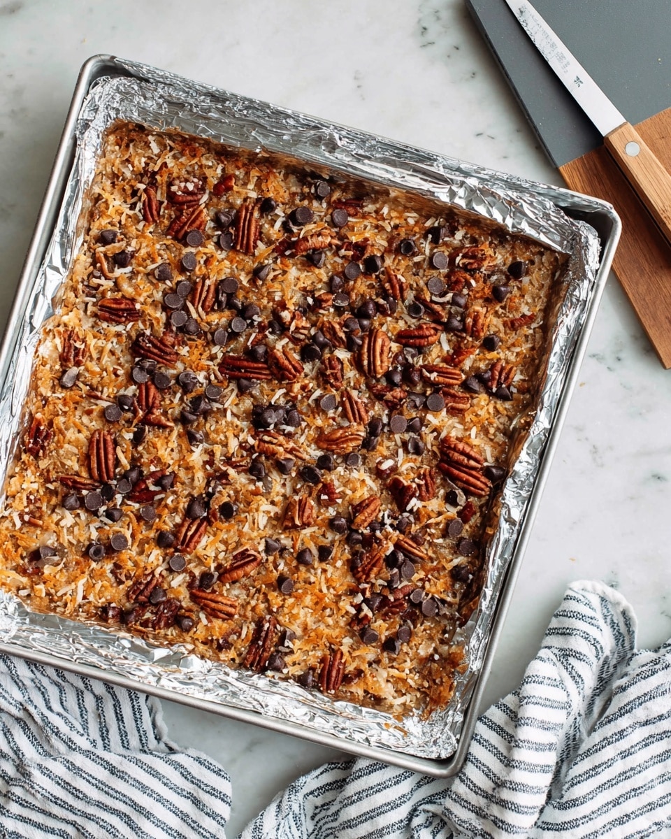A large square dessert bar sits on a white marbled surface, wrapped in aluminum foil inside a metal tray. The top layer is a mix of golden toasted shredded coconut, dark brown pecan nuts, and scattered dark chocolate chips, creating a textured, crunchy look. The dessert has an uneven top with visible layers of nuts and coconut spread evenly across the whole surface. In the top right corner, there is a gray cutting board with a knife resting on it, and a striped white and blue cloth is placed nearby. Photo taken with an iphone --ar 4:5 --v 7