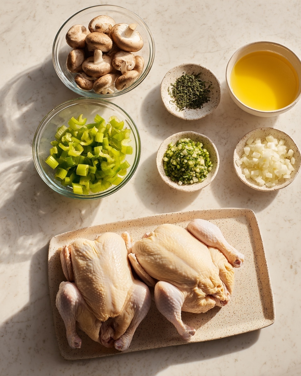 The image shows two raw whole birds with skin on, placed side by side on a rectangular speckled beige plate on the right. To the left, there are three round clear glass bowls with finely chopped vegetables: green bell peppers in the smallest bowl at the bottom left, diced onions in a larger bowl below the peppers, and diced celery in a larger bowl above the peppers. Above these are two more clear glass bowls, one filled with chopped mushrooms on the top left and the other with a yellow liquid, likely melted butter or broth, to the right of the mushrooms. Between these bowls and the birds are three small off-white round dishes with herbs and minced garlic arranged horizontally near the top, including two different herbs and minced garlic in the middle dish. There is a bigger off-white bowl with a yellow liquid below the herbs. All items are arranged on a white marbled surface with soft lighting and gentle shadows. photo taken with an iphone --ar 4:5 --v 7