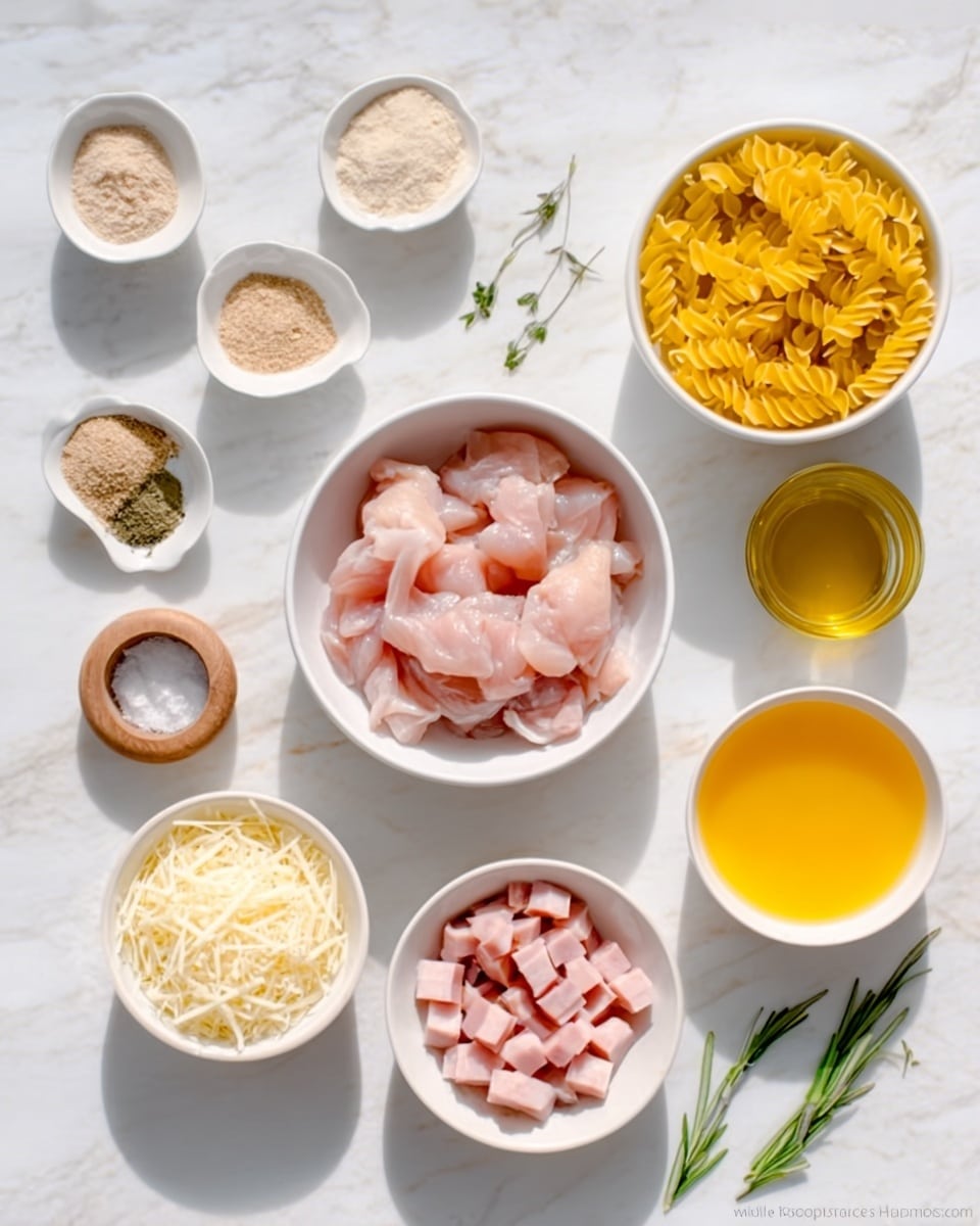 This image shows a neatly arranged layout of ingredients on a white marbled surface, each in a small white bowl or dish. At the center, there is a white bowl filled with raw, pink chicken pieces. Around it, there is a bowl with yellow uncooked pasta to the top right, a bowl with a bright orange-yellow liquid at the bottom right, and a bowl with small pink cubes of ham below the chicken. Towards the bottom left, there is a bowl filled with shredded white cheese. On the top left side, there are three small white dishes containing light beige powders or spices, one small white jar, and a round wooden container with a brown spice or ingredient. Two small green sprigs of herbs lie between the ham and the pasta. The overall arrangement is clean and balanced, with soft natural lighting. Photo taken with an iphone --ar 4:5 --v 7
