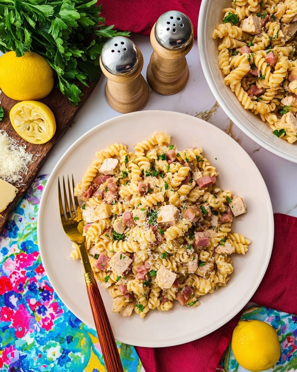 A white plate holds a serving of twisted pasta mixed with small pieces of light brown chicken and pink ham cubes scattered evenly throughout. The pasta and meats are garnished with small green parsley leaves and sprinkled with grated light cheese. A fork with a wooden and gold handle rests on the plate, partially inserted into the pasta. Above, a white bowl filled with more of the same pasta dish sits on a white marbled surface. Nearby, two pepper and salt shakers stand in the center, with a wooden board holding a whole lemon and a lemon half on the left, along with a bunch of fresh green parsley. A colorful floral cloth with blue, pink, and yellow flowers lies underneath the white plate. Photo taken with an iphone --ar 4:5 --v 7