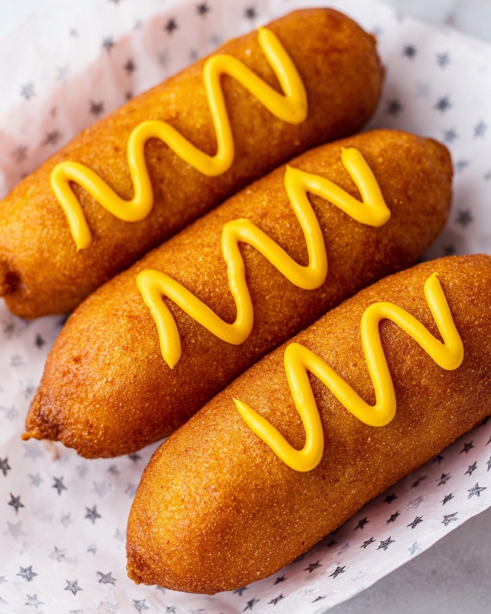 The image shows three golden brown corndogs with a crispy texture, arranged closely together on white paper with small gray star patterns. The corndog on top has a thick zigzag line of bright yellow mustard sauce running from one end to the other. The background features a white marbled surface, adding a clean, soft contrast to the warm tones of the corndogs. Photo taken with an iphone --ar 4:5 --v 7