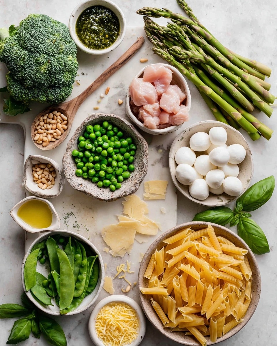A white marbled surface holds several ingredients arranged neatly: a large broccoli floret and two smaller pieces sit near top right, while yellow penne pasta gently spills out from a white bowl to the right center. Bright green asparagus spears lay in a bunch on the left, next to a small white bowl filled with raw light pink chicken chunks in the center. Below, a stone bowl contains vibrant green peas, another contains white round mozzarella balls, and a third holds pale yellow cheese shavings. A small white bowl with yellow grated zest is near the peas, while a wooden spoon lies diagonally above the chicken with a pile of light brown pine nuts also scattered nearby. Above the spoon is a small white cup with pale yellow oil, and on the upper left, a white bowl holds dark green pesto. Fresh bright green basil leaves are scattered on the bottom right and left edges. A woman’s hand is unseen but implied by the careful placement of ingredients. Photo taken with an iphone --ar 4:5 --v 7