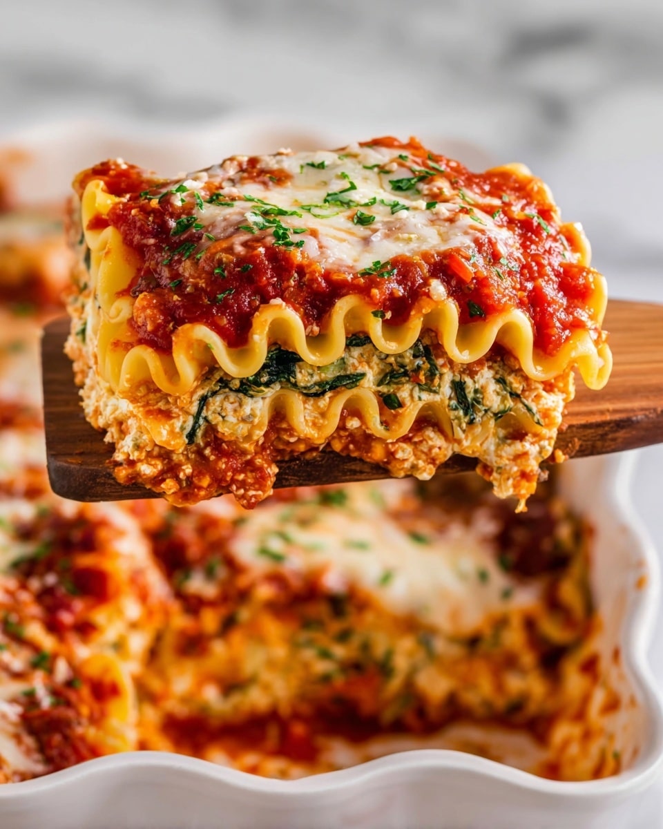A close-up of a large piece of lasagna being lifted by a wooden spatula, showing three visible layers: the top layer has bright red tomato sauce with melted white cheese sprinkled with green herbs, the middle layer has a mix of spinach and a creamy orange cheese filling, and the bottom layer is made of wavy pasta sheets with some sauce. The lasagna piece is thick with the wavy edges of the pasta clearly visible. In the background, the white lasagna dish is seen filled with more lasagna on a white marbled surface. photo taken with an iphone --ar 4:5 --v 7