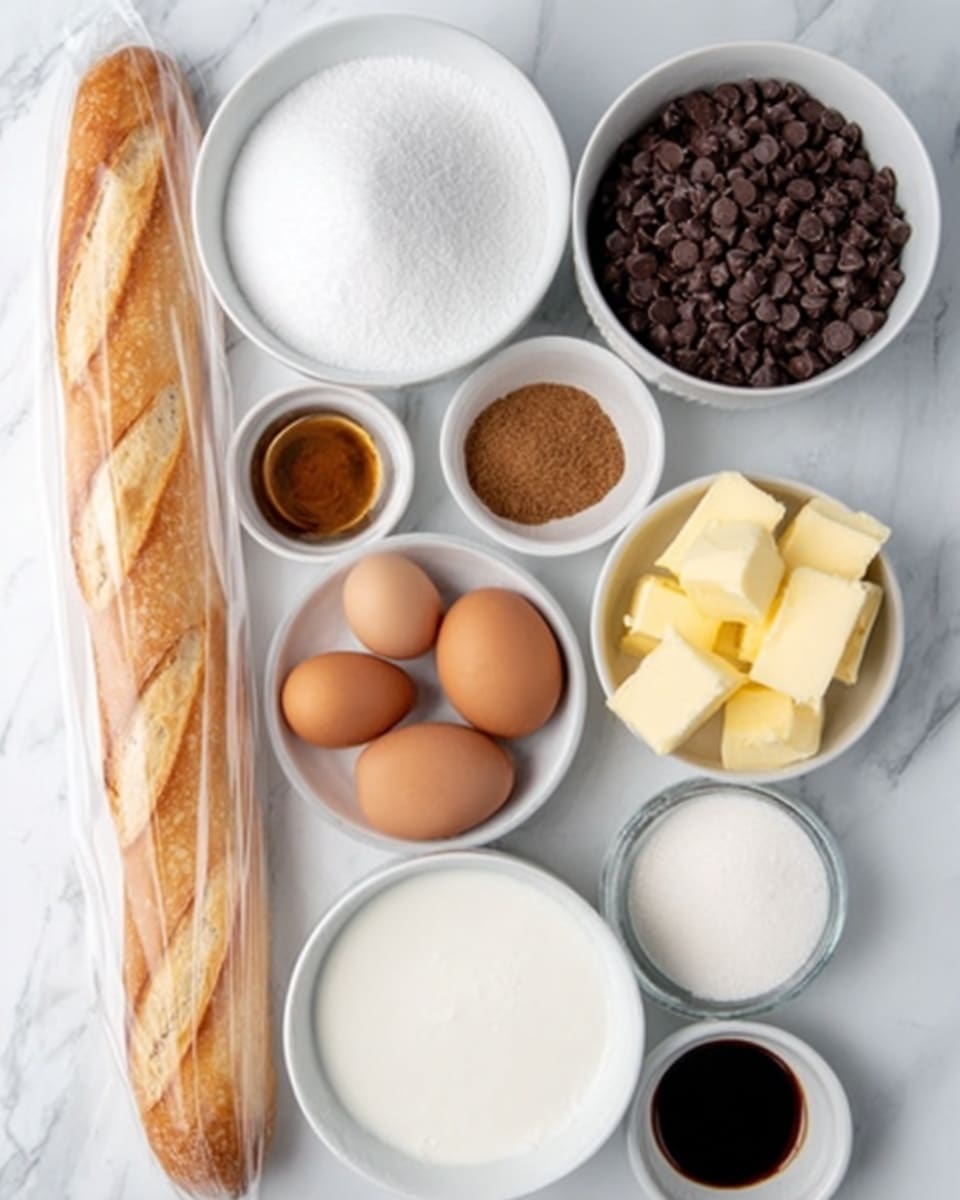 The image shows a white marbled surface with several bowls and ingredients arranged neatly. There is a white bowl filled with white granulated sugar near the center, next to a smaller white bowl containing brown sugar. A larger white bowl with a heap of chocolate chips is placed beside these. A small white bowl has a dark liquid, likely vanilla extract, and another tiny white bowl contains a brown spice, possibly cinnamon. Nearby, there are four brown eggs grouped together, a few cubes of yellow butter in a small white bowl, and a white bowl with white flour. On the left, there is a clear plastic bag containing a long baguette. The colors contrast well with the white bowls and white marbled surface, and the ingredients are spaced cleanly to show each item clearly photo taken with an iphone --ar 4:5 --v 7