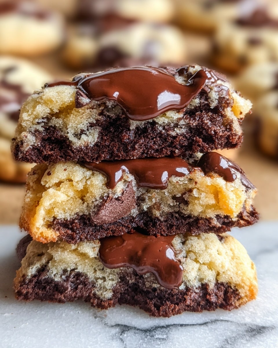 The image shows a close view of a stack of three cookies on a white marbled surface. Each cookie has two layers: the bottom layer is dark brown with a crumbly texture, while the top layer is light golden brown with a soft crumb. Both layers contain small dark chocolate chips. The top surface of each cookie is decorated with large, shiny, melted dark chocolate drops that glisten in the light. The edges of the cookies are slightly rough, revealing the soft inside. In the background, more similar cookies can be seen blurred. Photo taken with an iphone --ar 4:5 --v 7