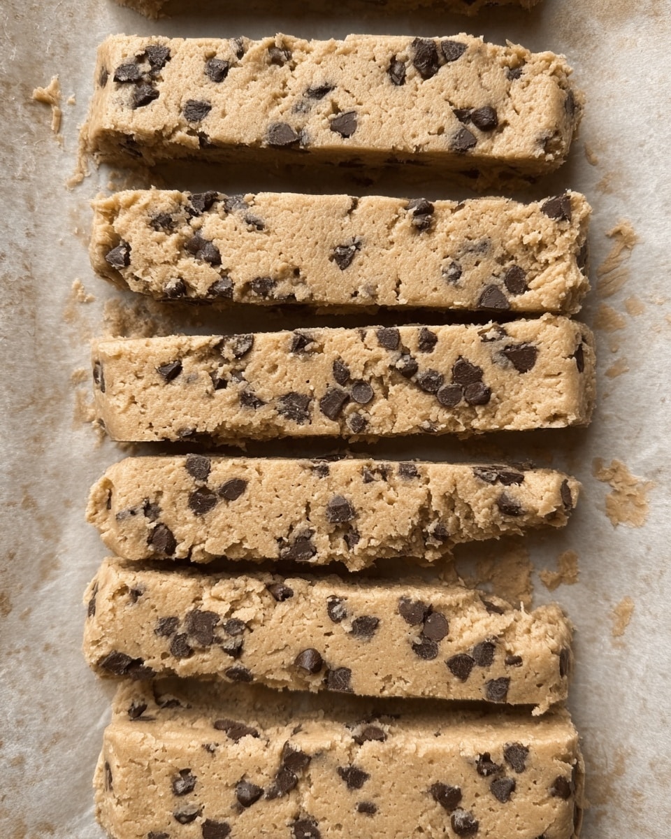 The image shows six long thick rectangular bars of chocolate chip cookie dough lined up vertically on a parchment paper sheet with visible texture and color of light golden brown with dark brown chocolate chips scattered throughout. The bars have a rough, slightly crumbly surface with some cracks and uneven edges, showing the dough's dense texture. The parchment paper underneath is a pale tan color with some crumbs and slight dents where the bars are placed, set on a white marbled textured surface. photo taken with an iphone --ar 4:5 --v 7