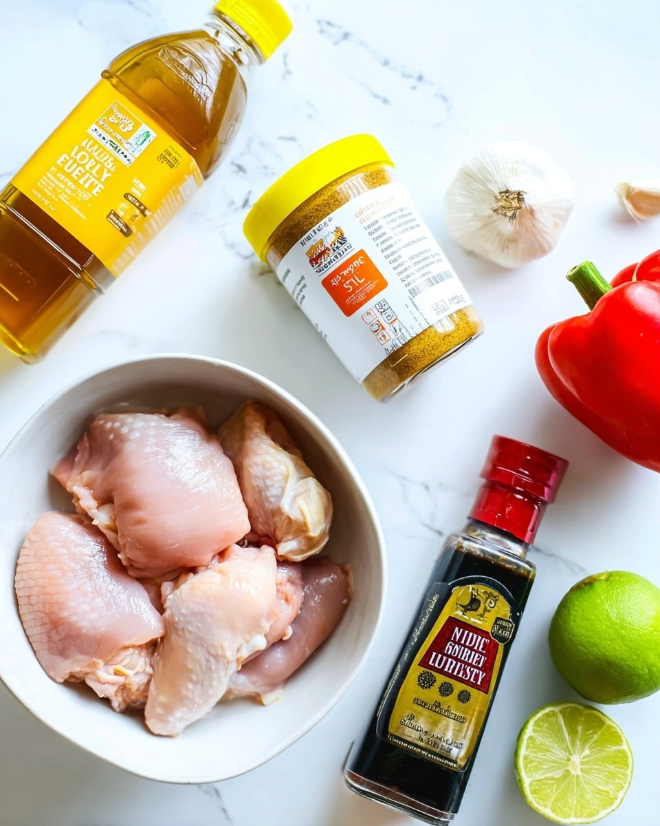 The image shows a white bowl filled with several pieces of raw chicken with a light pink color and smooth texture, positioned in the lower left corner. Around the bowl are four different ingredients placed on a white marbled surface: a clear bottle of honey with a yellow cap at the top center, a yellow-capped container of mild curry powder with white and orange label on the upper right, a dark glass bottle of premium light soy sauce with a gold and red label laying horizontally near the bottom right, and a few whole vegetables including a green lime and a red bell pepper on the right side of the image, along with a bulb of garlic at the top right. The setup is bright and clean with white marbled background. Photo taken with an iphone --ar 4:5 --v 7
