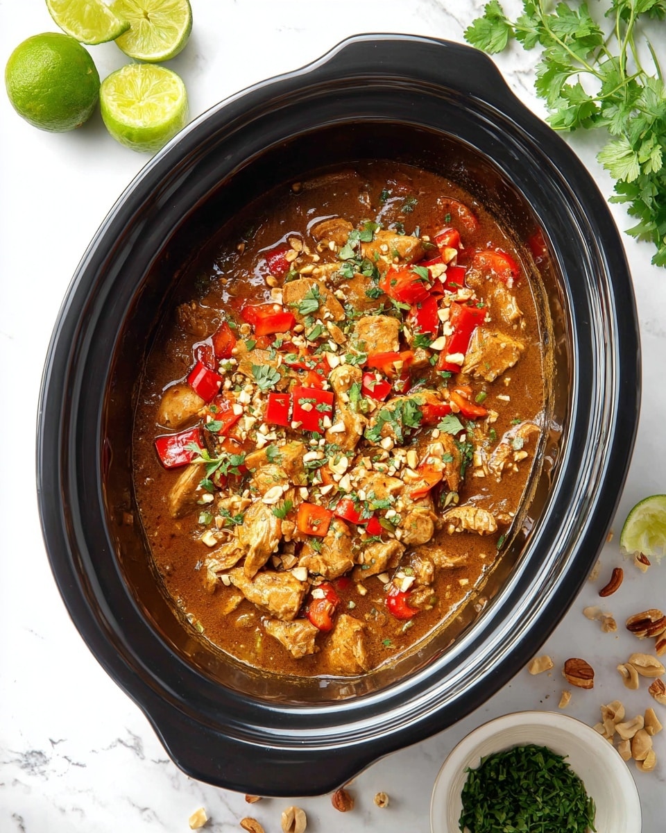 A black oval slow cooker filled with a thick brown sauce mixed with chunks of light brown chicken and bright red bell pepper pieces scattered throughout; the dish is topped with small chopped green herbs and crushed nuts adding texture and color contrast. Around the cooker on a white marbled surface are halved limes, a small white bowl with chopped green herbs, and some scattered nuts and herbs for decoration. Photo taken with an iphone --ar 4:5 --v 7