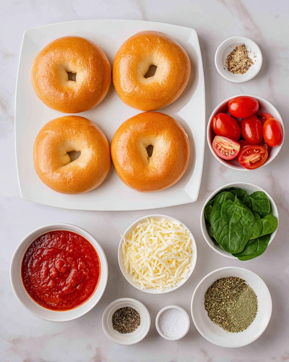 The image shows four golden brown bagels placed on a white plate in a square formation, with their smooth, shiny tops facing up. To the right of the plate, three small white bowls hold bright red tomato slices, whole cherry tomatoes on stems, and vibrant green spinach leaves, arranged vertically from top to bottom. Below the bagels and bowls, three more white bowls display a rich red tomato sauce, a heap of shredded white cheese, and a white dish divided into two sections with light brown and green dried herbs. At the bottom center, two tiny bowls contain coarse white salt and black pepper. The entire setup is on a white marbled surface, photo taken with an iphone --ar 4:5 --v 7