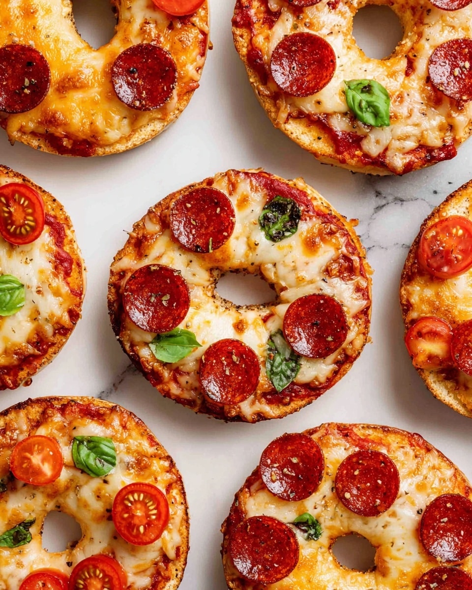This image shows several bagel pizzas laid out on a white marbled surface. Each pizza has a toasted bagel base, topped with a layer of melted golden-brown cheese with slightly crispy edges, and a rich red tomato sauce beneath. Some bagels are topped with round pepperoni slices that are dark red with a bit of seasoning visible, arranged evenly around the hole in the center. Other bagels feature halved cherry tomatoes, bright red and juicy, scattered across the cheese, along with fresh green basil leaves for a pop of color and texture. The overall look is warm, inviting, and colorful with a mix of red, yellow, and green hues. photo taken with an iphone --ar 4:5 --v 7