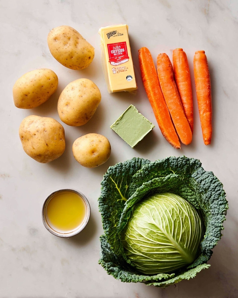 The image shows raw ingredients placed neatly on a white marbled surface. There are five medium-sized yellow potatoes with rough skin spread out, three smooth orange carrots, a small block of yellow cheddar cheese with a red label, a square green vegetable stock cube, a small bowl filled with golden yellow oil, and a whole green leafy cabbage with detailed textured leaves at the bottom. All items are arranged separately with clear space between them, creating a clean and simple layout. Photo taken with an iphone --ar 4:5 --v 7