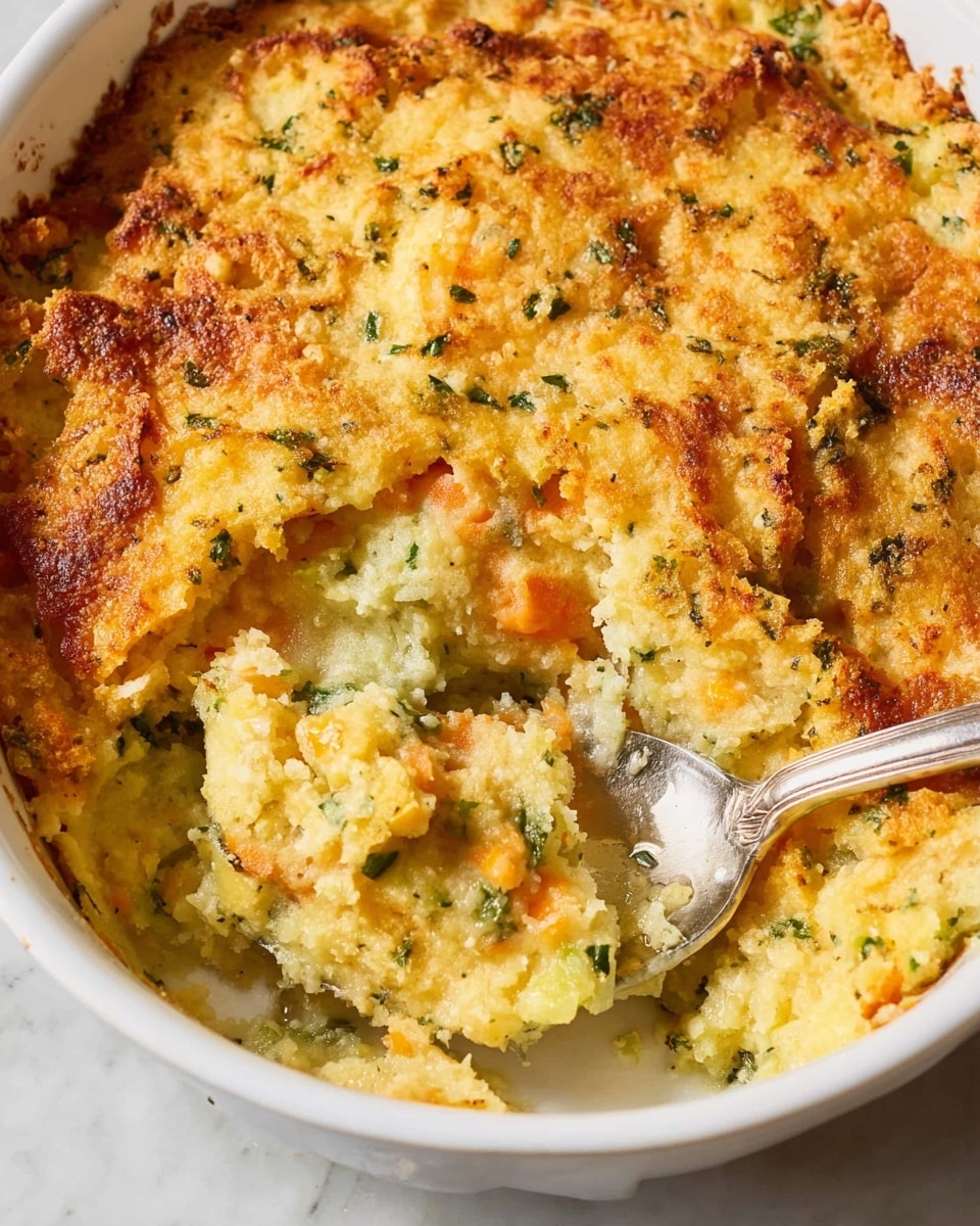 A close-up view of a baked casserole in a white bowl, showing one thick golden-brown layer on top with some crispy spots and small green and orange flecks from herbs and vegetables mixed in. Below the golden crust, there is a creamy yellow layer mixed with small chunks of green herbs and orange pieces, giving a soft texture. A silver spoon rests inside the bowl, scooping out some of the soft mixture and showing the layered, slightly lumpy inside. The bowl is placed on a white marbled surface. photo taken with an iphone --ar 4:5 --v 7