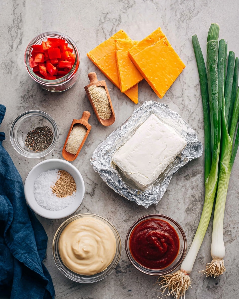The image shows several ingredients neatly arranged on a white marbled surface. In the center is a white block of cream cheese partially wrapped in silver foil. Above it are two triangular pieces of bright orange cheddar cheese. To the top left, there is a clear glass jar filled with diced red peppers. Next to the jar are two small wooden scoops holding light brown powders. Below the scoops is a small white bowl with ground black pepper, and further down is a clear dish containing coarse salt. To the bottom left of the cream cheese, there is a white bowl filled with a thick pale yellow sauce. To the right of the cream cheese is a small white bowl with a deep red sauce. Below this bowl is a jar of grainy mustard. On the far right, a bunch of fresh green onions with white bulbs lies diagonally. A dark blue cloth is partly visible on the bottom left corner. The photo taken with an iphone --ar 4:5 --v 7