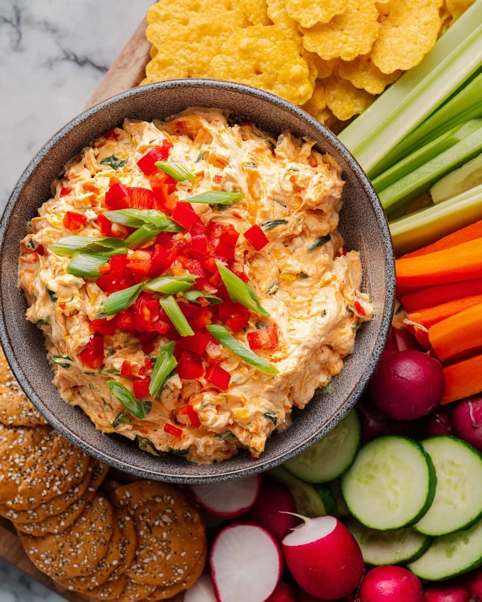 A gray bowl sits at the center filled with a creamy orange spread mixed with green herbs and small bits of red pepper, topped with bright red pepper pieces and sliced green onions. Surrounding the bowl are assorted snacks: yellow crinkle-edge round crackers, darker sesame seed crackers, thinly sliced radishes showing white and red layers, long peeled carrot sticks of orange and purple, celery sticks, and several round slices of cucumber with visible seeds. The whole setup is placed on a white marbled surface. photo taken with an iphone --ar 4:5 --v 7