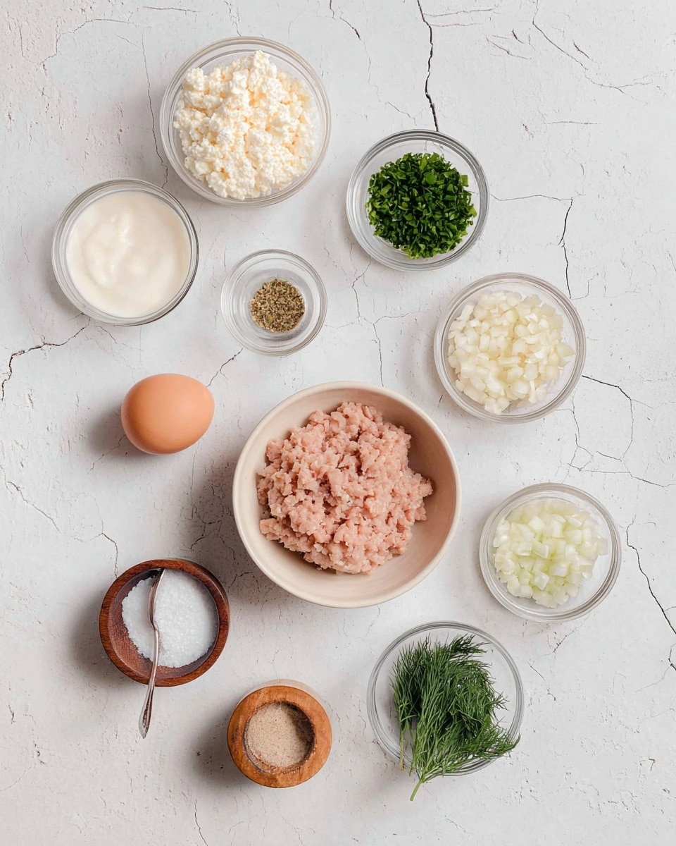 The image shows nine small white and clear glass bowls arranged on a white marbled surface with cracked texture. In the center is a bowl filled with light pink ground meat. Around it, clockwise from top left, there is a bowl with white cream-like substance, a bowl with crumbly white cheese, a glass bowl with chopped green herbs, a small bowl with light brown dried herbs, a bowl with diced white onions, a small bowl with fresh green dill, a tiny bowl with minced garlic, and a wooden container with coarse salt and a small metal spoon inside. There is also one brown egg in a small wooden bowl to the left of the center bowl. The bowls and ingredients are neatly spaced. photo taken with an iphone --ar 4:5 --v 7