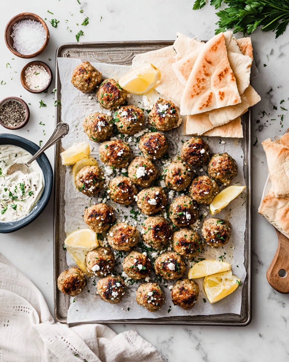 A silver tray lined with white parchment paper holds two rows of golden-brown grilled meatballs, each sprinkled with green herbs and small white cheese crumbles. Thin lemon slices lie underneath some meatballs and near the corners. On the right side, white pita bread triangles are stacked neatly. A small dark bowl at the bottom left corner contains white sauce with green herbs on top and a spoon inside. Near the top left, small bowls of salt and black pepper sit on a white marbled surface with scattered green herbs. A white cloth is casually placed at the bottom left corner. Photo taken with an iphone --ar 4:5 --v 7