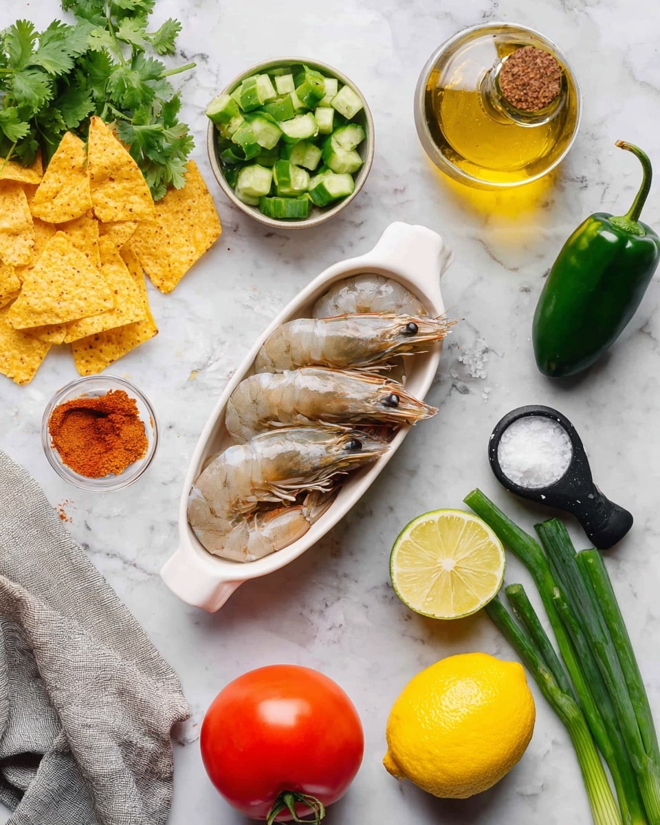 On a white marbled surface, there is a white boat-shaped dish holding three raw shrimp with gray and pinkish shells, lined up side by side. Above the shrimp, orange yellow tortilla chips are scattered alongside green cilantro leaves. To the left of the shrimp, there is a small bowl filled with chopped green cucumber pieces. Nearby are a whole green jalapeño pepper and a whole green tomatillo with its husk removed. To the right of the shrimp, there is a small clear bowl of white salt, a black measuring spoon holding orange-red chili powder, and fresh green onions with white bulbs. At the bottom right corner sits a bright red tomato and a whole yellow lemon. A glass bottle filled with yellow olive oil is placed above the shrimp near the chips. A folded gray cloth is seen in the bottom left corner. Photo taken with an iphone --ar 4:5 --v 7