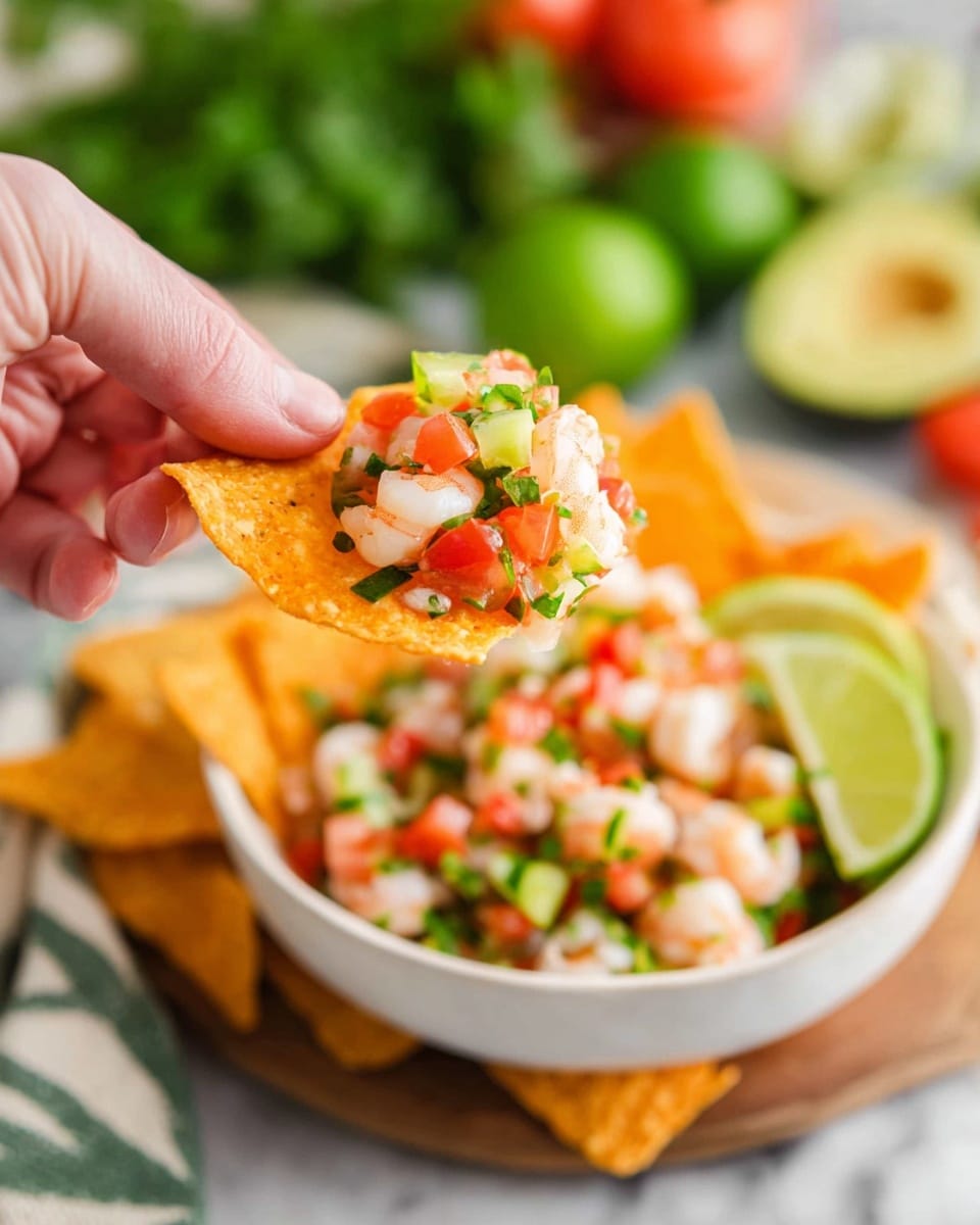 A close-up shows a woman's hand holding a single golden orange tortilla chip topped with a colorful mix of diced red tomatoes, bright green herbs, light green rings of green onions, white shrimp pieces, and small cucumber slices. In the background, there is a white bowl filled with more of the same shrimp mix, garnished with lime wedges and extra tortilla chips around it. The setting includes a white marbled surface and blurred fresh vegetables in the background, creating a fresh and vibrant look. photo taken with an iphone --ar 4:5 --v 7