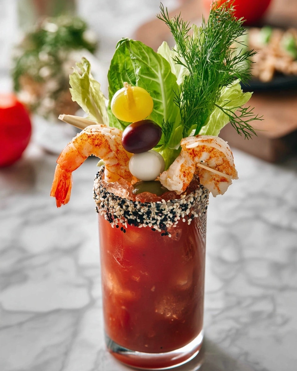 The image shows five wooden skewers laid out on a black slate serving board, each with layers of orange shrimp, green olives, red grape tomatoes, white mozzarella balls, pale green peppers, and spears of celery. A few lemon wedges and pickles are placed on and around the skewers. Near the bottom, there are two crisp strips of bacon on the slate board. Surrounding the main board are small white bowls filled with green olives, pickles, yellow and red grape tomatoes, white mozzarella balls, and a small bowl with seasoning and a spoon. Fresh green herbs are scattered around, along with a small cup of reddish sauce, a glass container filled with ice cubes and a metal scoop, and a gold cocktail shaker. The whole scene sits on a white marbled surface. photo taken with an iphone --ar 4:5 --v 7