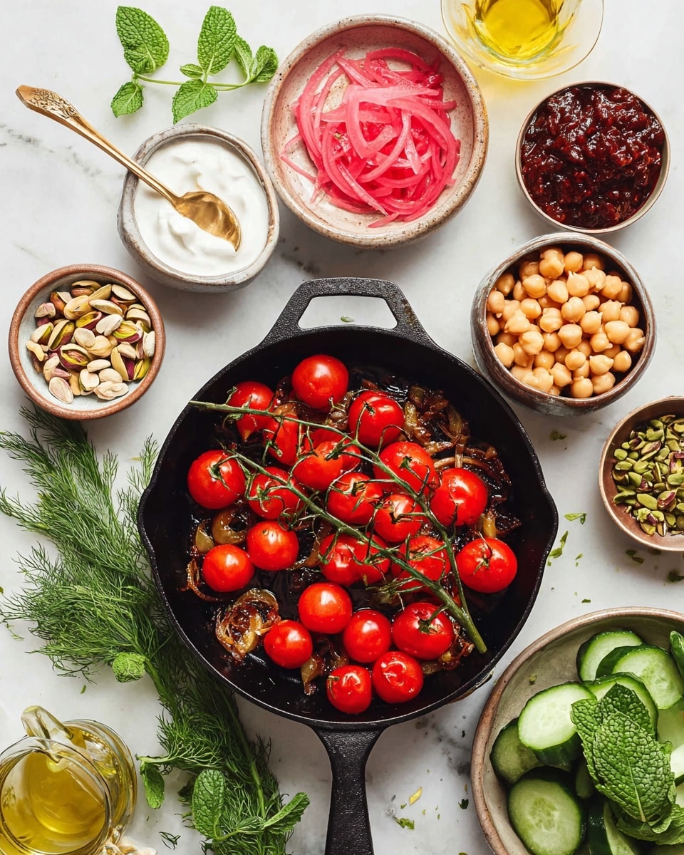 A black cast iron pan is in the center, filled with bright red cherry tomatoes still on the vine with some light brown caramelized onions scattered under them. Around the pan, there are small bowls arranged closely on a white marbled surface. Starting from the top left, there is a bowl with thinly sliced pink pickled onions, a bowl of white sauce with a golden spoon inside, a bowl of dark red sauce, chickpeas in a bowl, greenish-brown pistachios in another bowl, and light brown pine nuts in a third bowl. On the right side near the bottom, there is a bowl of sliced green cucumbers. Fresh green herbs like dill and mint leaves are laid out around the bowls, and a clear glass bottle with yellow oil is positioned near the pan's handle. The setting is bright, clean, and visually fresh. Photo taken with an iphone --ar 4:5 --v 7