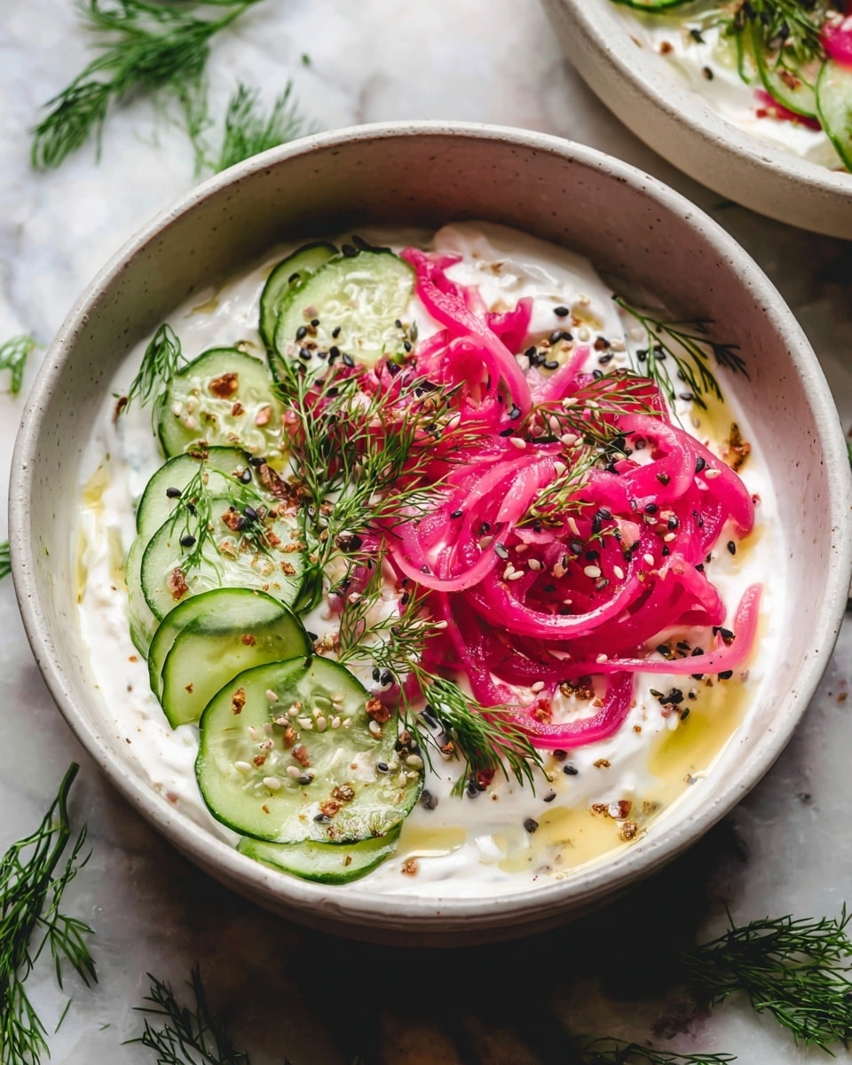 A shallow white bowl filled with a creamy white yogurt base, topped with thin green cucumber slices scattered mostly on one side, vibrant pink pickled onion strands piled over the cucumbers, and fresh green dill sprigs spread across the top. The dish is sprinkled with small black and white sesame seeds and tiny brown seeds for texture. There is a drizzle of olive oil creating small golden patches on the yogurt. The bowl sits on a surface with a white marbled texture, and green herb sprigs are placed around it for decoration. Photo taken with an iphone --ar 4:5 --v 7