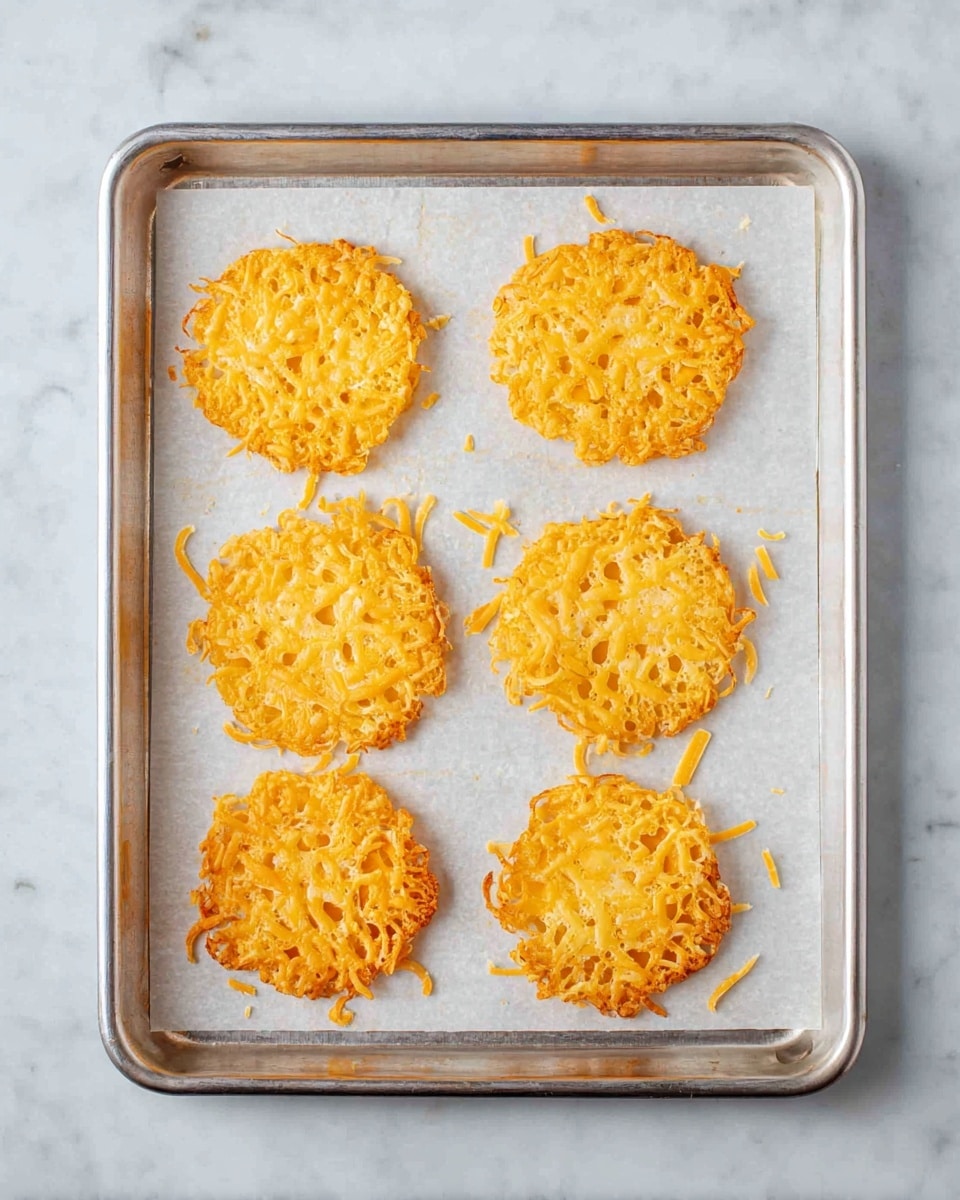 A silver baking tray holds six small, round cheese crisps arranged in two rows of three on a white parchment paper. Each crisp is golden yellow-orange in color with a slightly uneven, lacy texture showing small holes and crispy edges. The crisps appear thin and delicate, with some melted cheese strands extending around the edges. The tray is placed on a white marbled surface. photo taken with an iphone --ar 4:5 --v 7