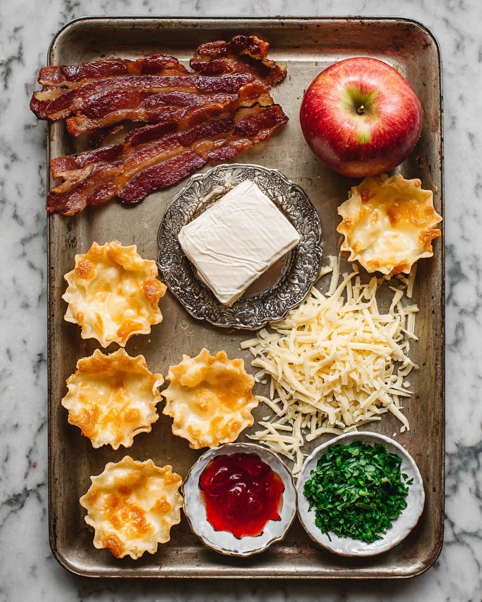 An old metal tray holds a variety of ingredients arranged neatly: two crispy brown bacon strips on the top left, nine small golden tart shells with wavy edges spread across the tray, a white log of soft cheese resting on a small ornate silver plate in the center, a large red and yellow apple on the top right, a small white bowl with red sauce below the bacon, a small white bowl with chopped green herbs below the sauce, and a pile of shredded pale yellow cheese spread below and around the tart shells, all placed on a white marbled surface photo taken with an iphone --ar 4:5 --v 7